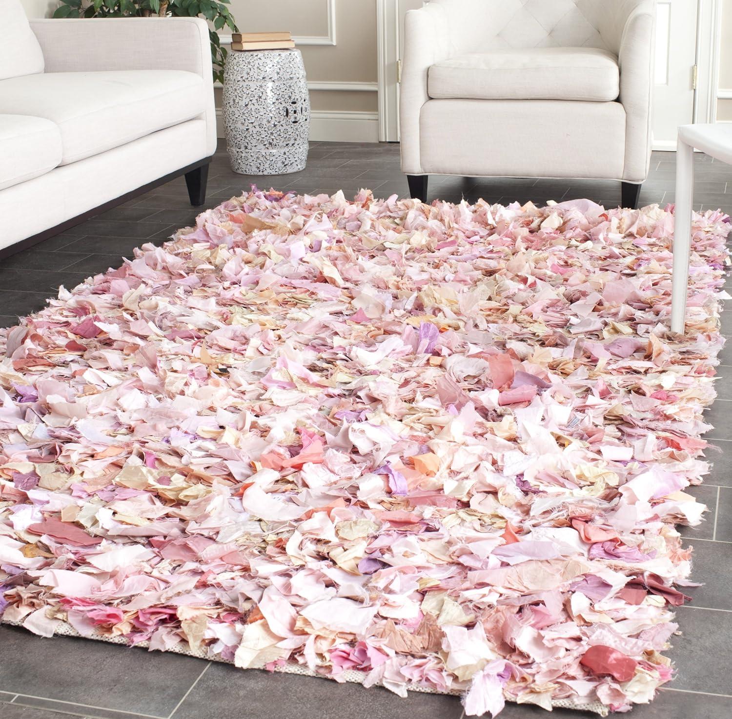 SAFAVIEH Rio Cassandra Confetti Polyester Shag Area Rug, Ivory/Pink, 6' x 6' Square