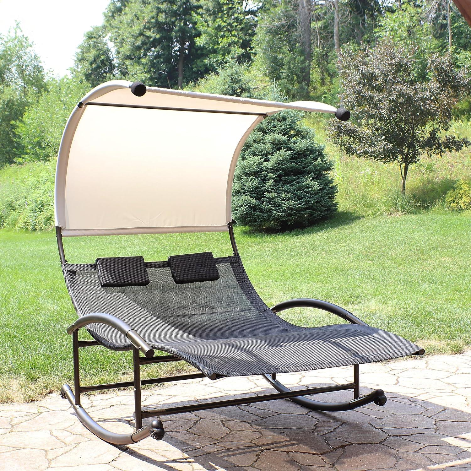 Black Double Chaise Rocking Lounge with Canopy and Cushions