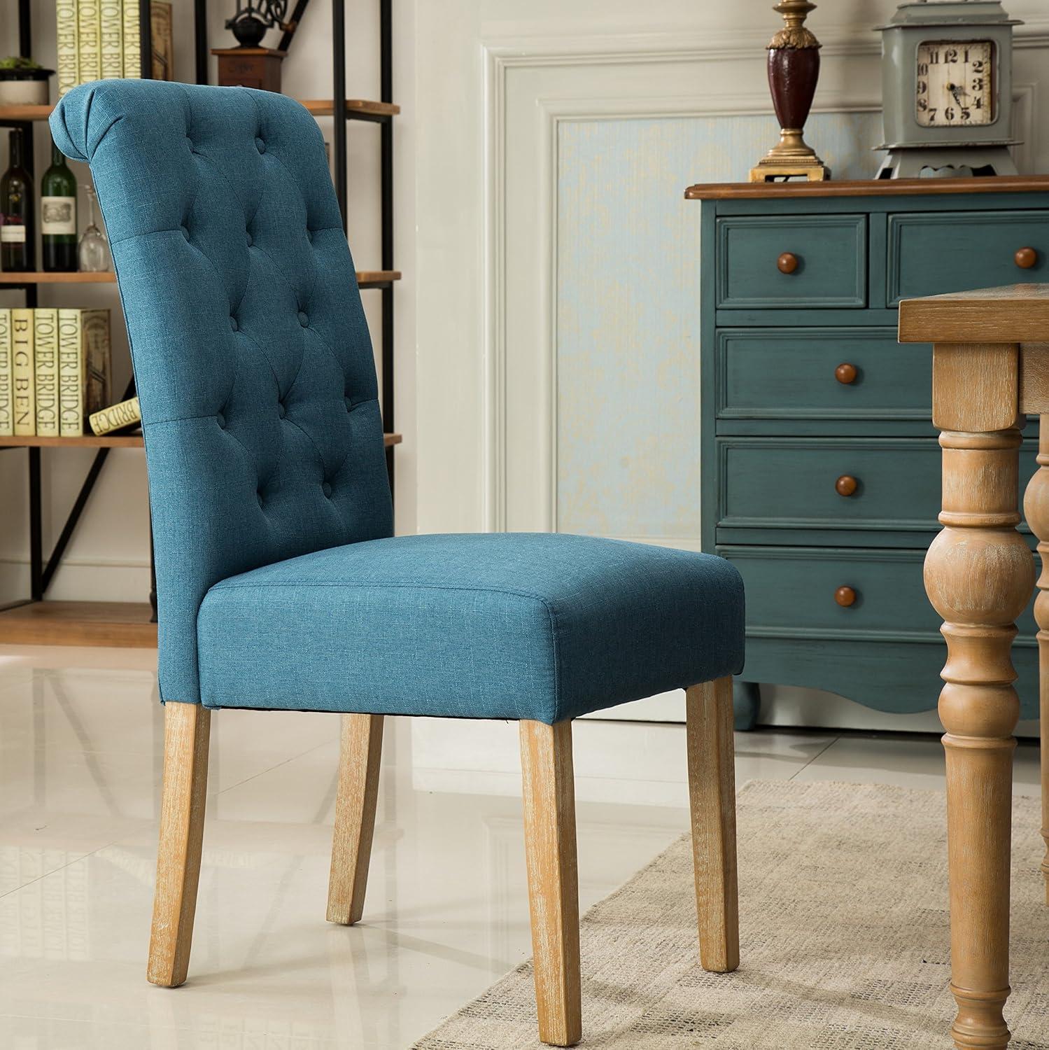 Roundhill Furniture Habit Blue Solid Wood Tufted Parsons Dining Chair ,Set of 2