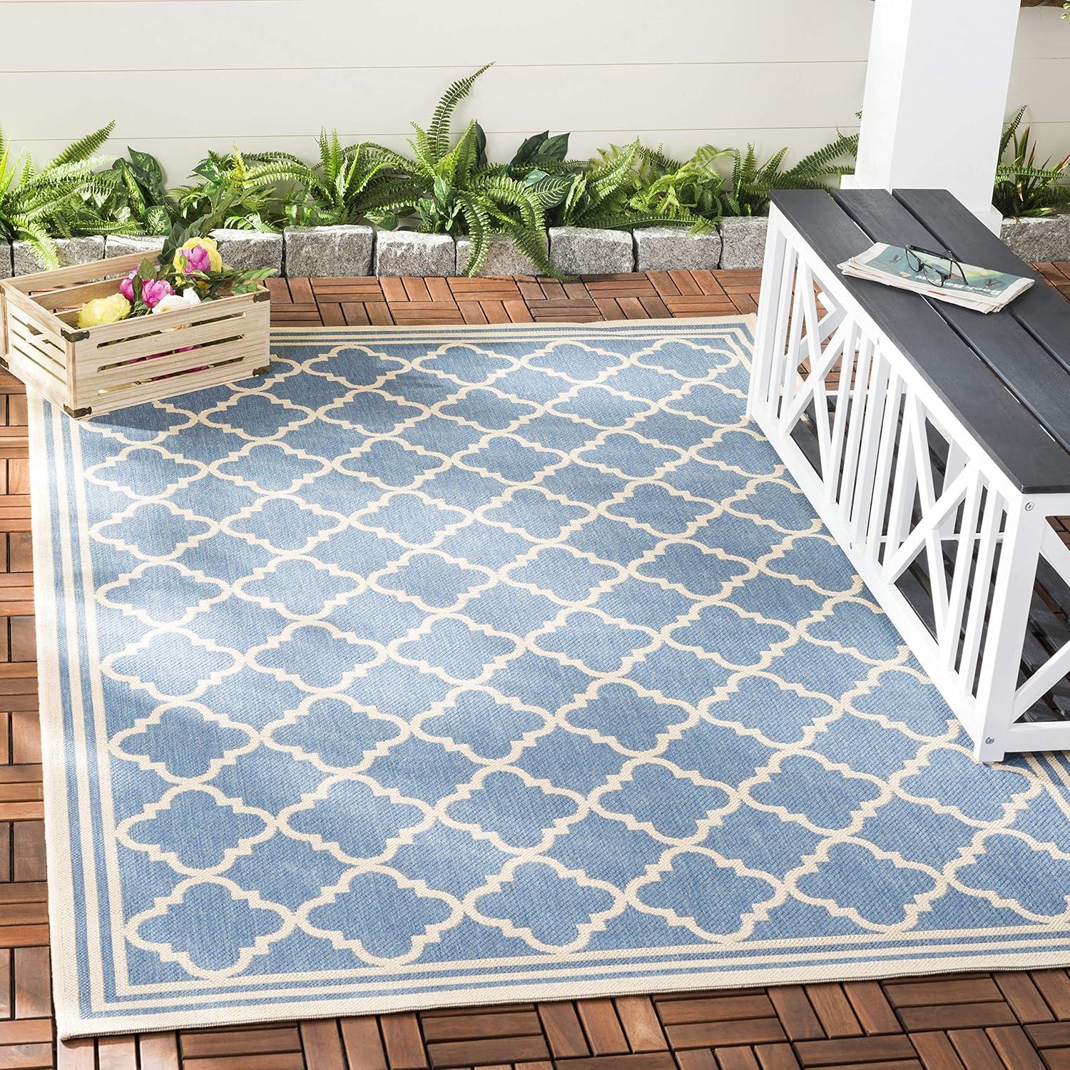 Cream and Blue Geometric Easy-Care Outdoor Area Rug, 5'3" x 7'6"