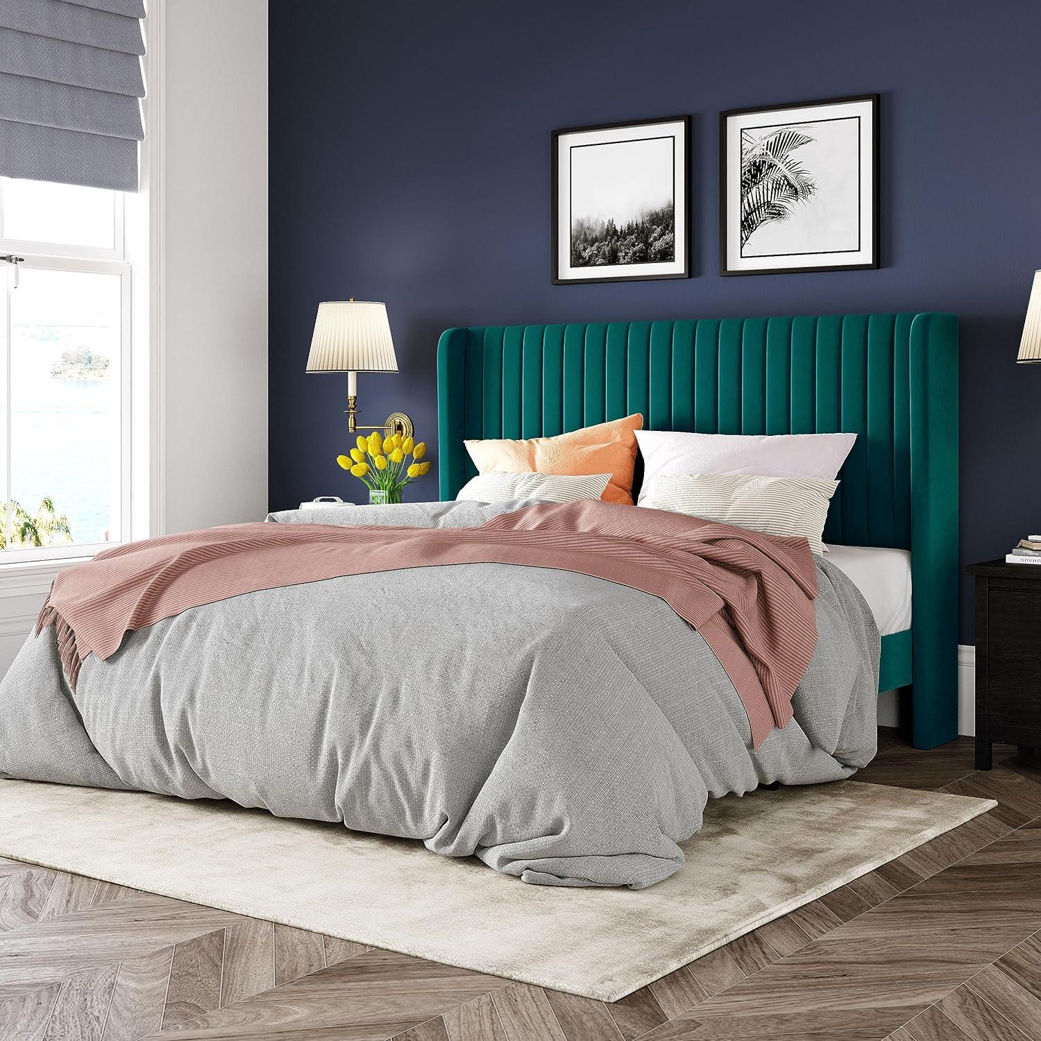 Candler Velvet Upholstered Platform Bed with Wingback Headboard and Wooden Slats