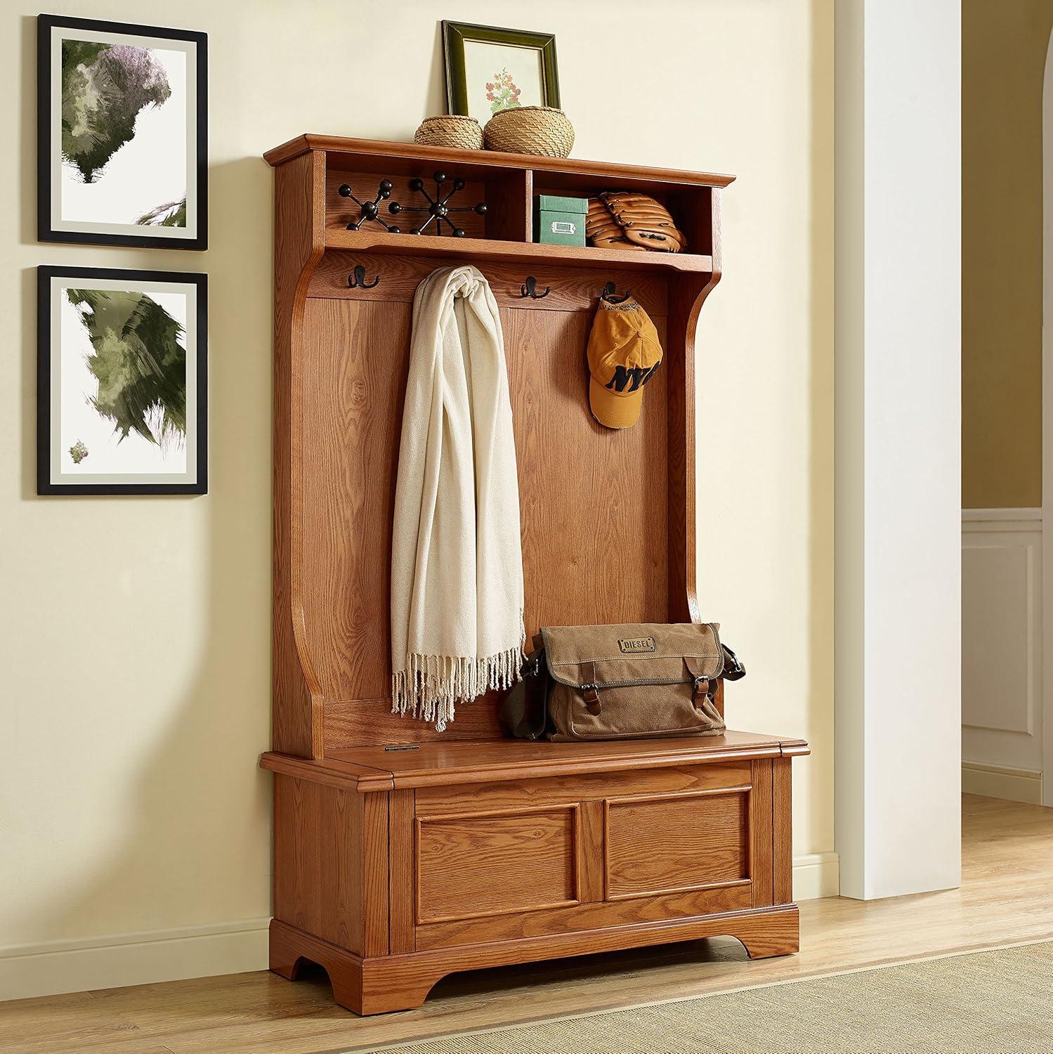 Campbell Hall Tree Oak - Crosley: Spacious Bench, 4 Double Hooks, Shoe Storage