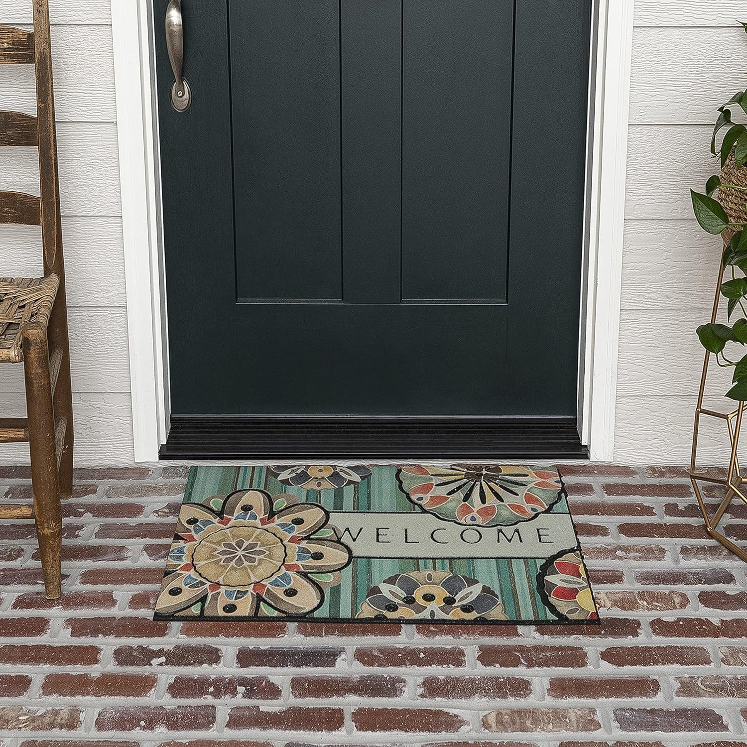 Blue Floral Medallion Recycled Rubber Welcome Doormat