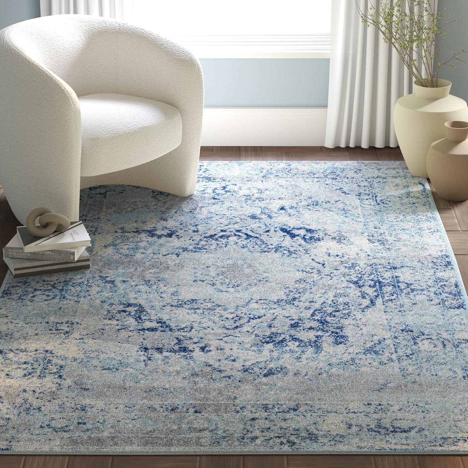 Reversible Rectangular Easy Care Blue Synthetic Area Rug - 5'3" x 7'6"