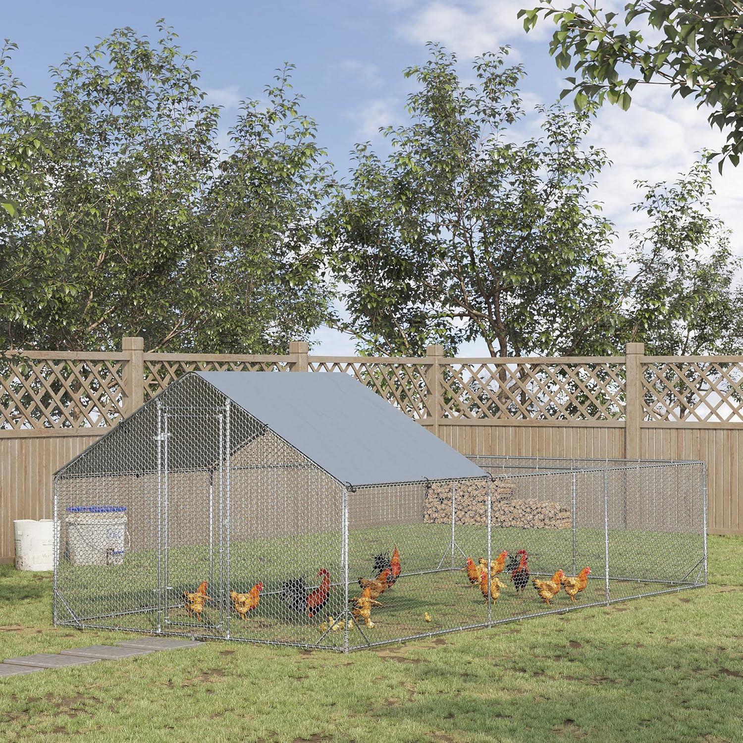 PawHut Large Chicken Coop Metal Chicken Run for Chickens with Waterproof and Anti-UV Cover, Spire Shaped Walk in Fence Cage Hen House for Outdoor and Yard Farm Use, 1" Dia, 23' x 6.6' x 6.4'