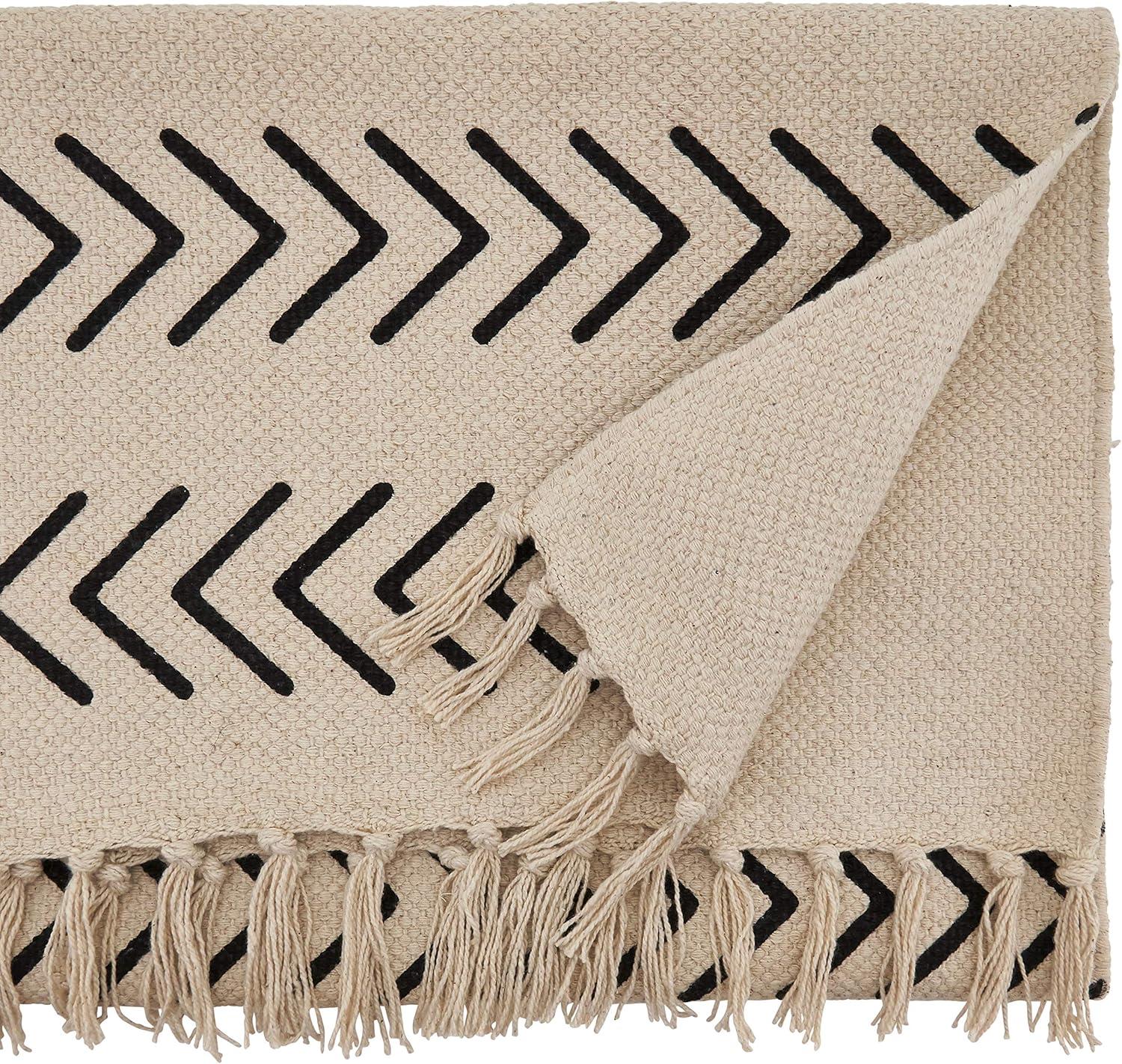 Beige Cotton Chevron Design Table Runner with Fringe