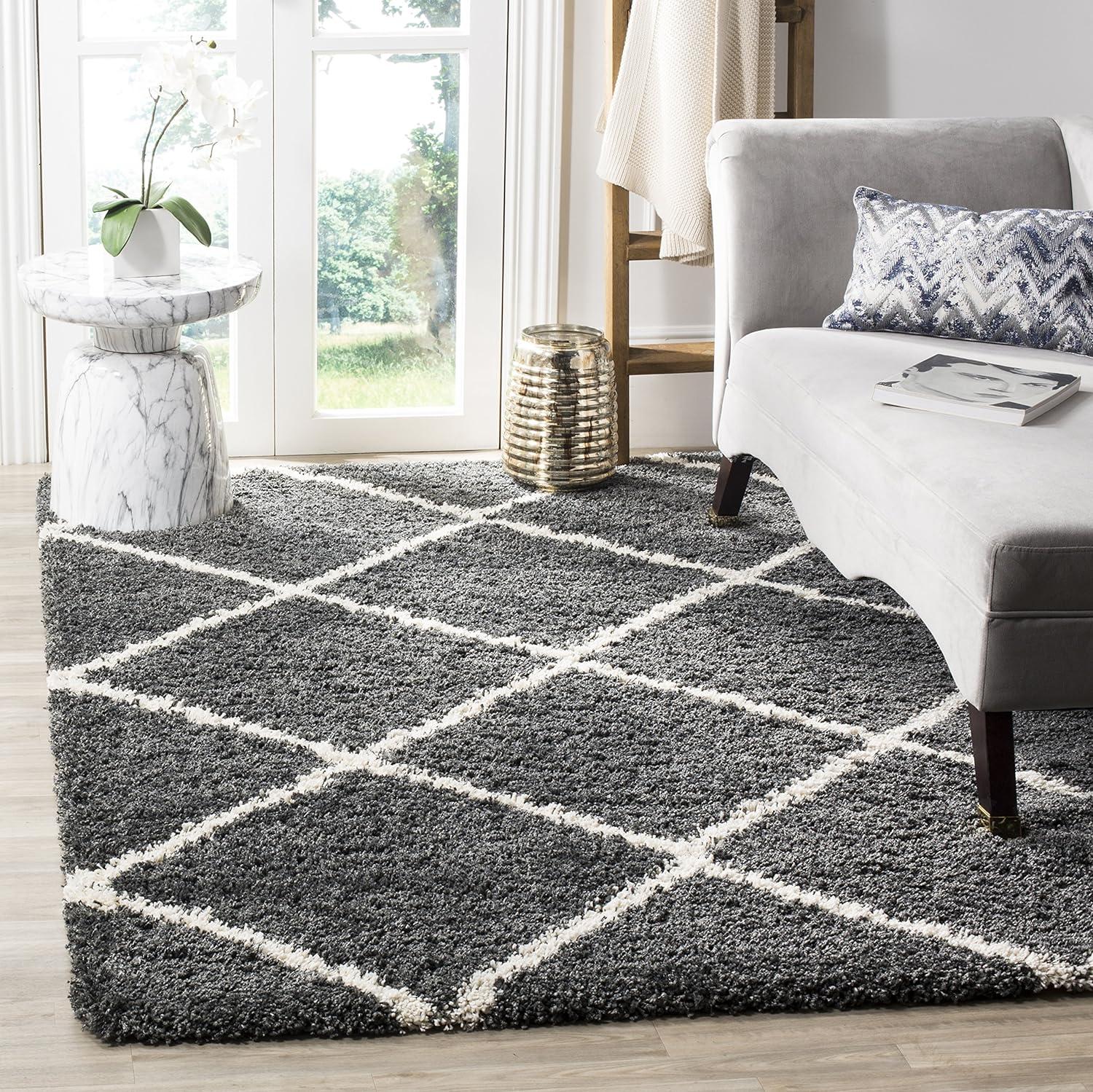 Modern Trellis Dark Grey & Ivory Square Shag Rug