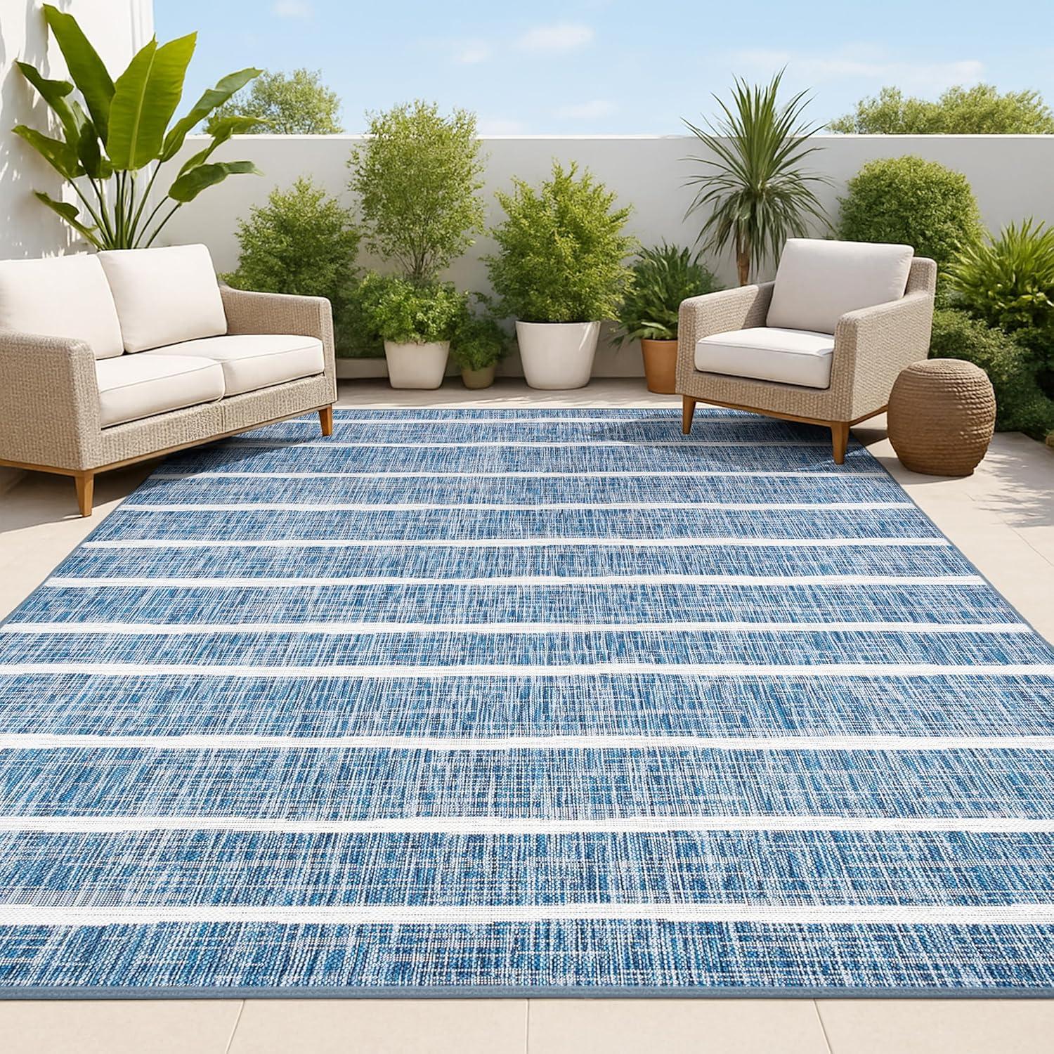 3'x5' Colonia Berber Stripe Indoor/Outdoor Area Rug, Blue/Ivory - JONATHAN Y