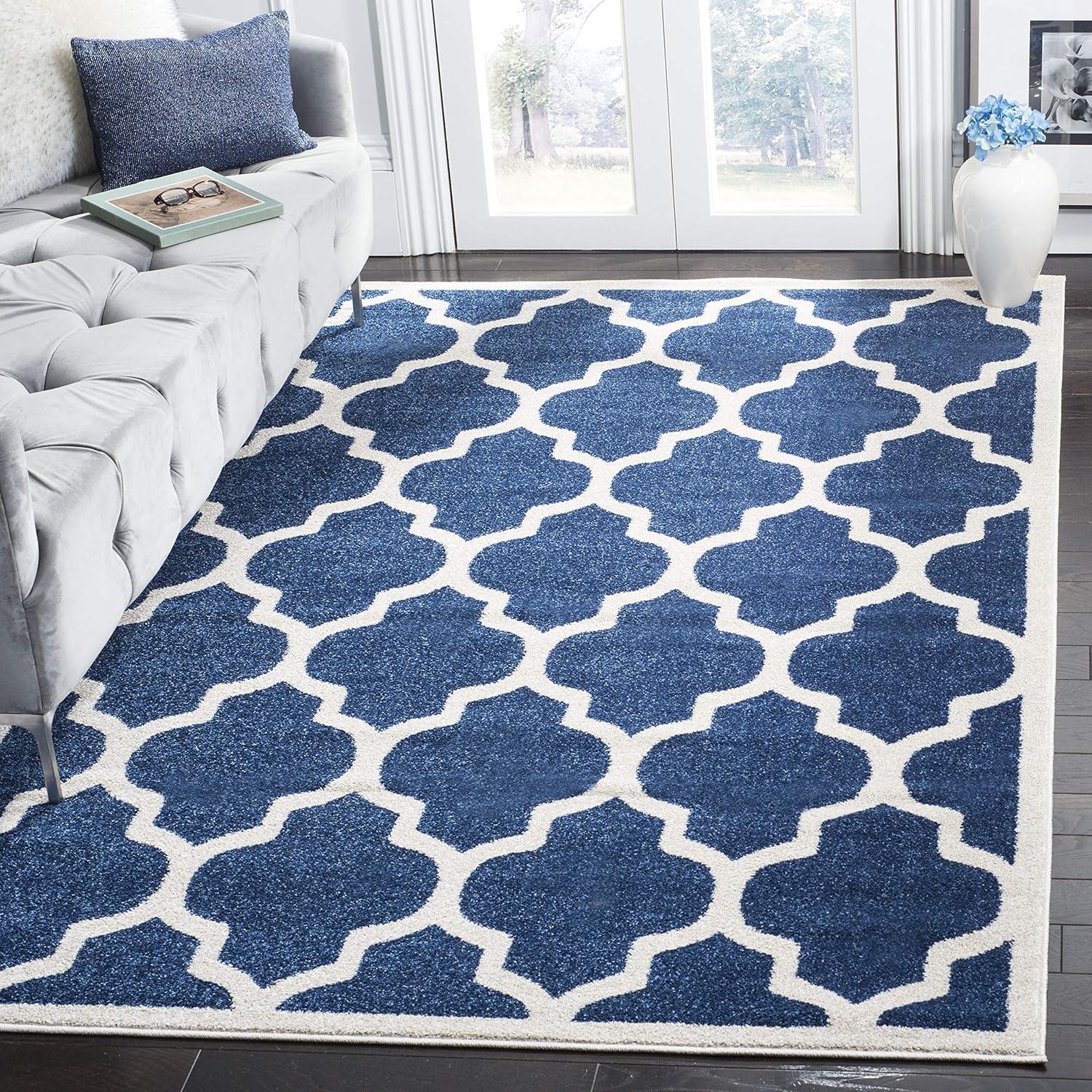 Navy and Beige 36" Square Geometric Synthetic Area Rug