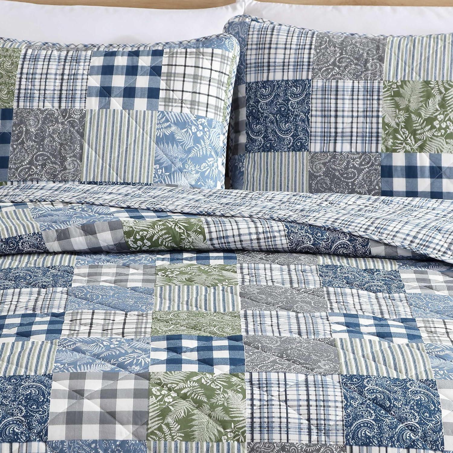 Eddie Bauer Cozy Plaid Patchwork 100% Cotton Quilt Set Blue