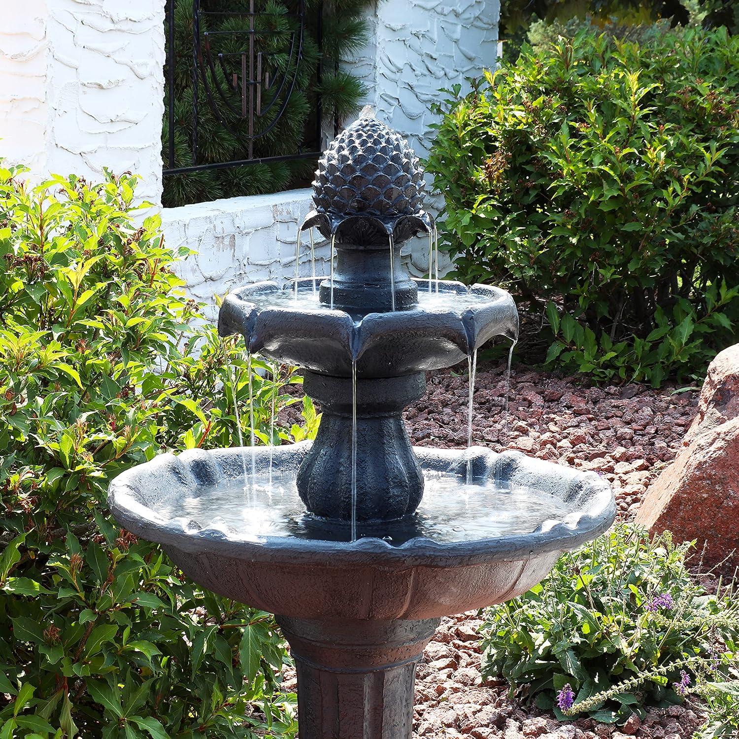 Sunnydaze Outdoor 2-Tier Solar Powered Pineapple Top Water Fountain with Battery Backup and Submersible Pump - 46" - Black
