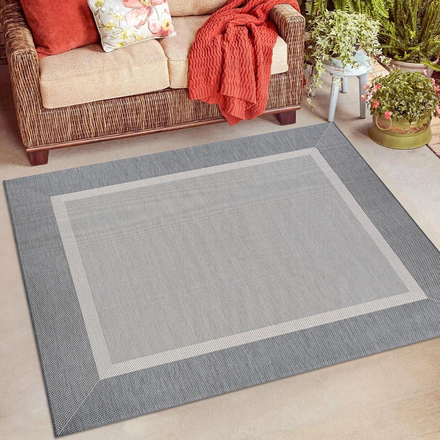 Champagne and Grey Square Synthetic Indoor/Outdoor Rug