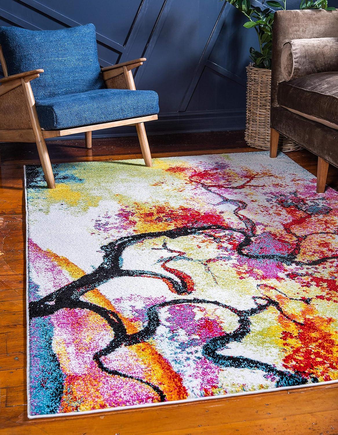 Ivory and Multicolor Abstract Rectangular Synthetic Area Rug