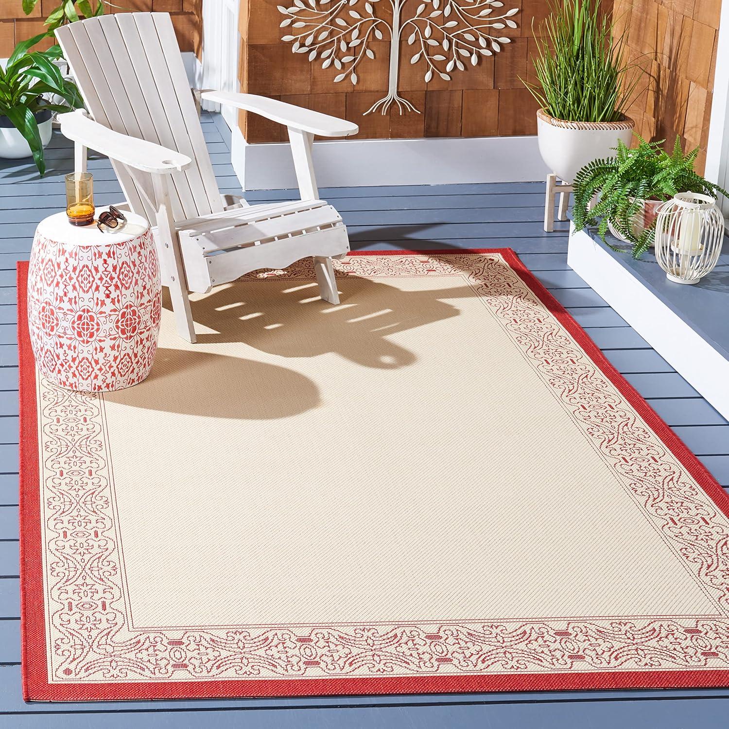 Natural and Red Square Synthetic Indoor/Outdoor Area Rug