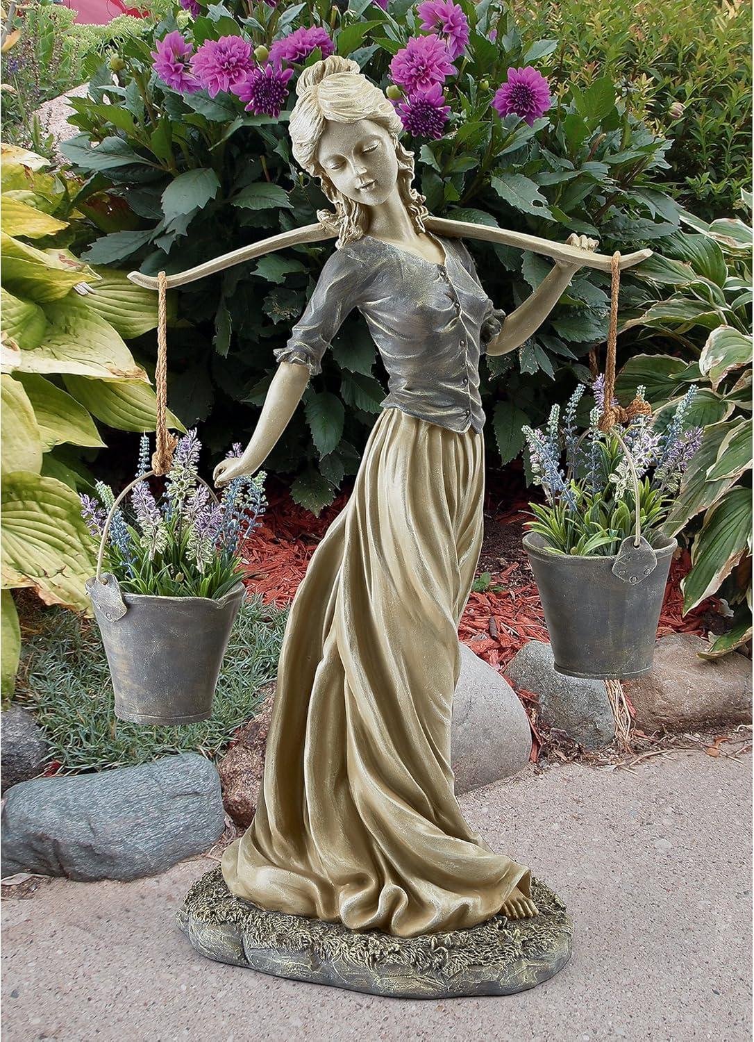 Hand-Painted Resin Milkmaid Garden Statue with Buckets