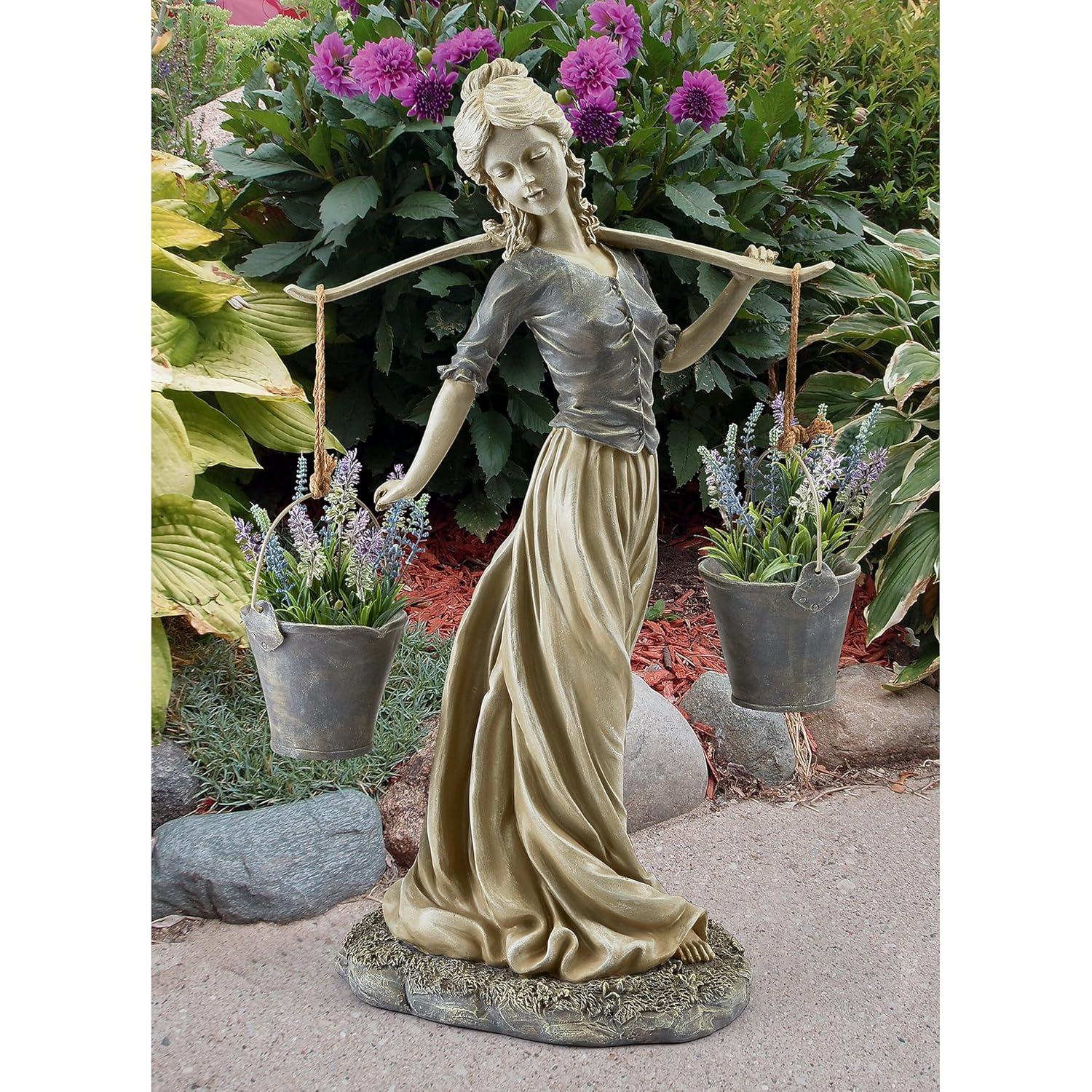 Hand-Painted Resin Milkmaid Garden Statue with Buckets