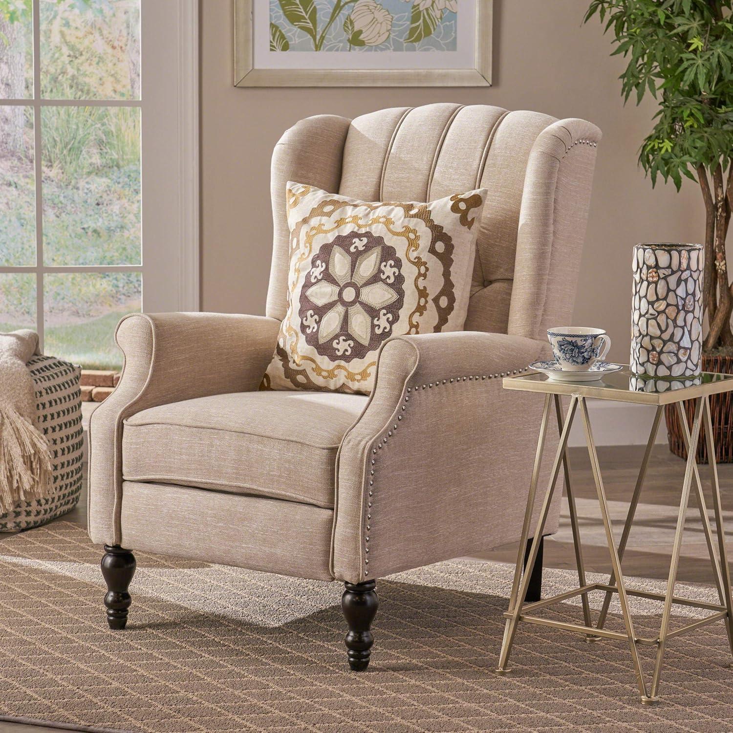 Walter Light Beige Fabric Recliner Club Chair - Christopher Knight Home: Elegant Tufted Wingback, Nailhead Trim, Polyester Upholstery