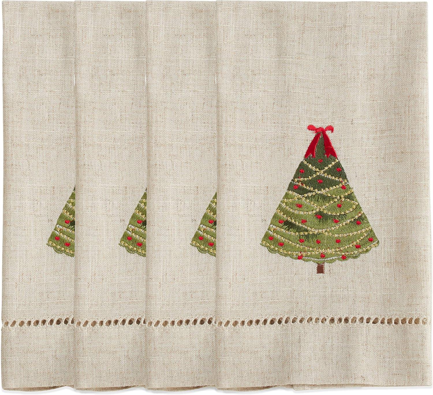 Saro Lifestyle  14 x 22 in. Embroidered & Hemstitched Ribbon Christmas Tree Guest Towels, Natural - Set of 4