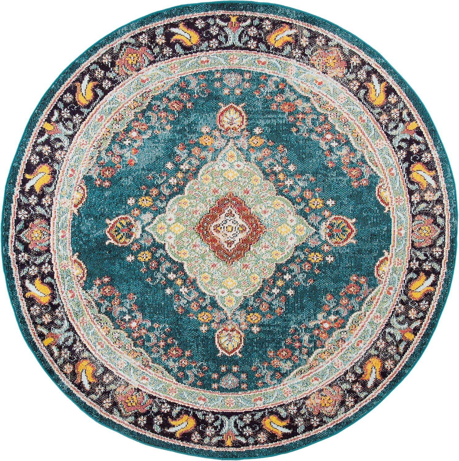 SAFAVIEH Madison Sonam Floral Bordered Area Rug, Navy/Turquoise, 6'7" x 6'7" Round