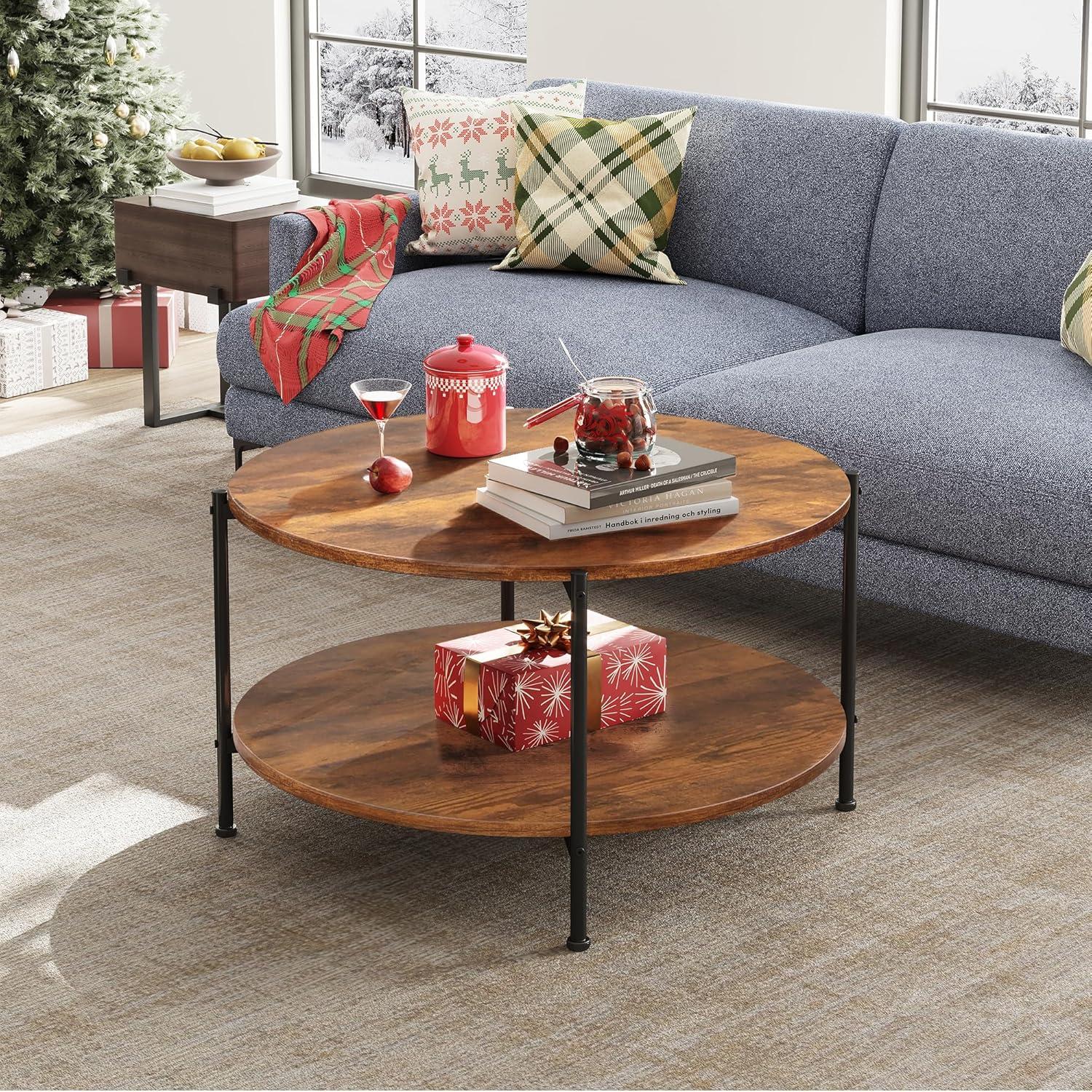 Round Coffee Table For Living Room, 32.6" Circle Coffee Table With Open Storage Shelf, 2-Tier Industrial Round Wood Center Table For Bedroom, Home Office, Rustic Brown
