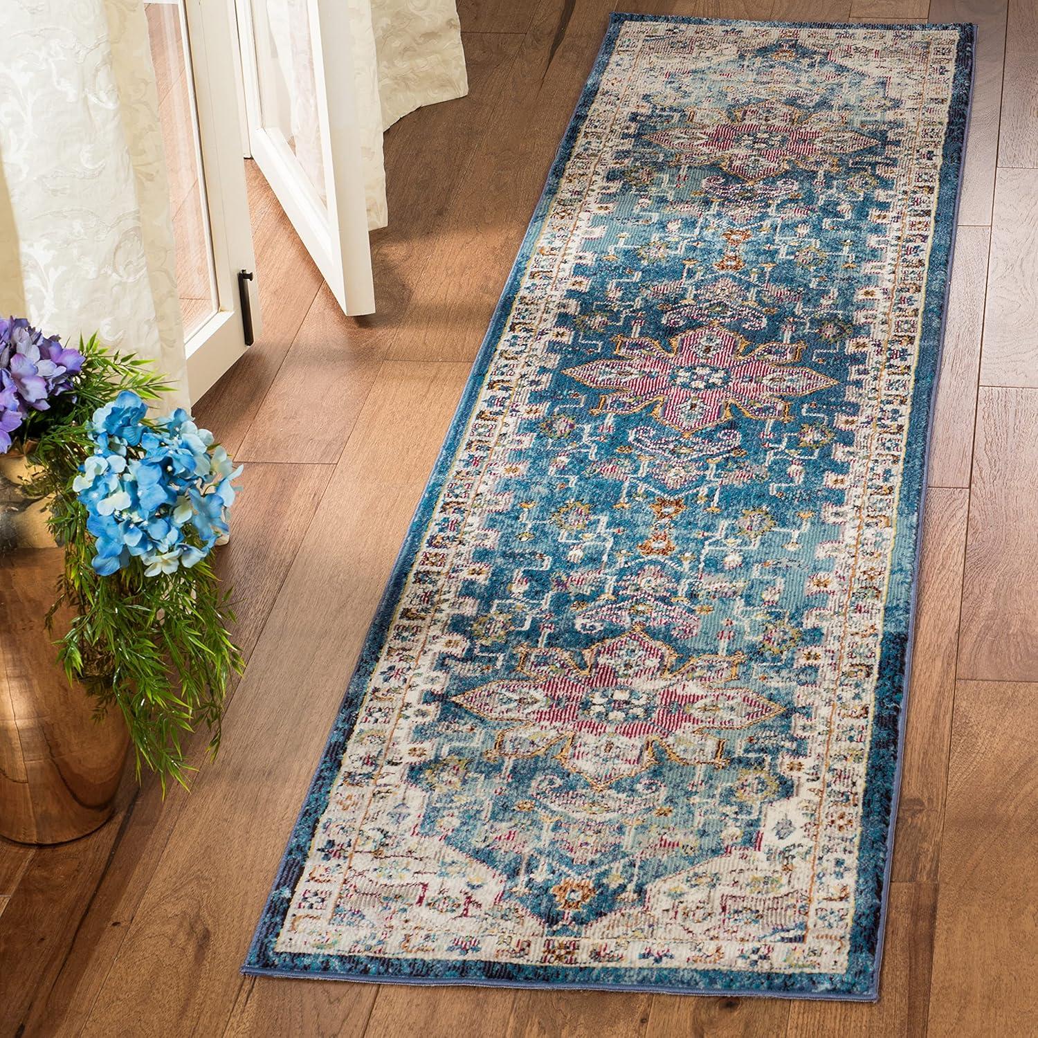 Aria ARA160 Power Loomed Runner Rug - Blue/Creme - 2'x6' - Safavieh.