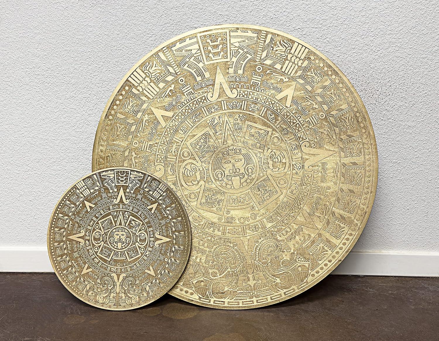 Urbalabs Wood Aztec Calendar Wall Decor 12" Inch Wall Hanging Mexico Aztec Calendar Mayan Calendar Cinco De Mayo Mexican Sun Azteca Calendario Laser Engraved Made In USA (12 Inch)