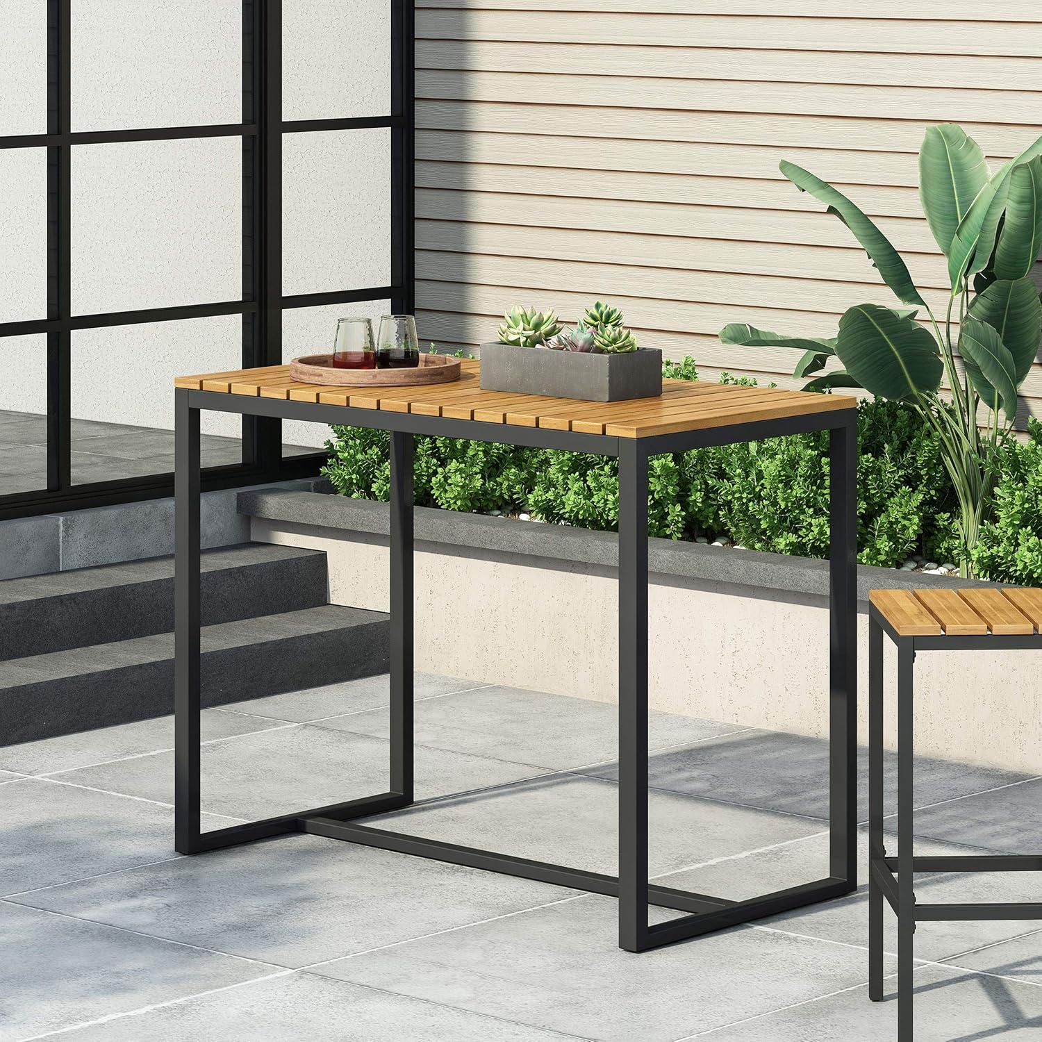 Christopher Knight Home Frieda Outdoor Modern Industrial Acacia Wood Bar Table, Teak Finish + Black