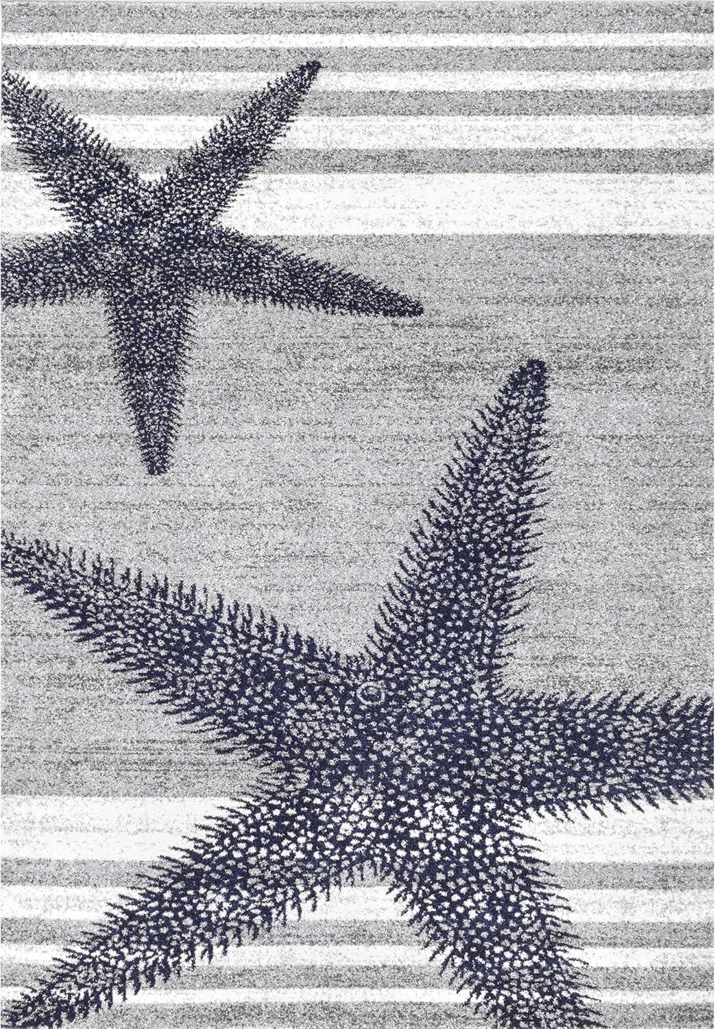 Coastal Charm Gray Stripe and Starfish 49" Wool-Blend Area Rug