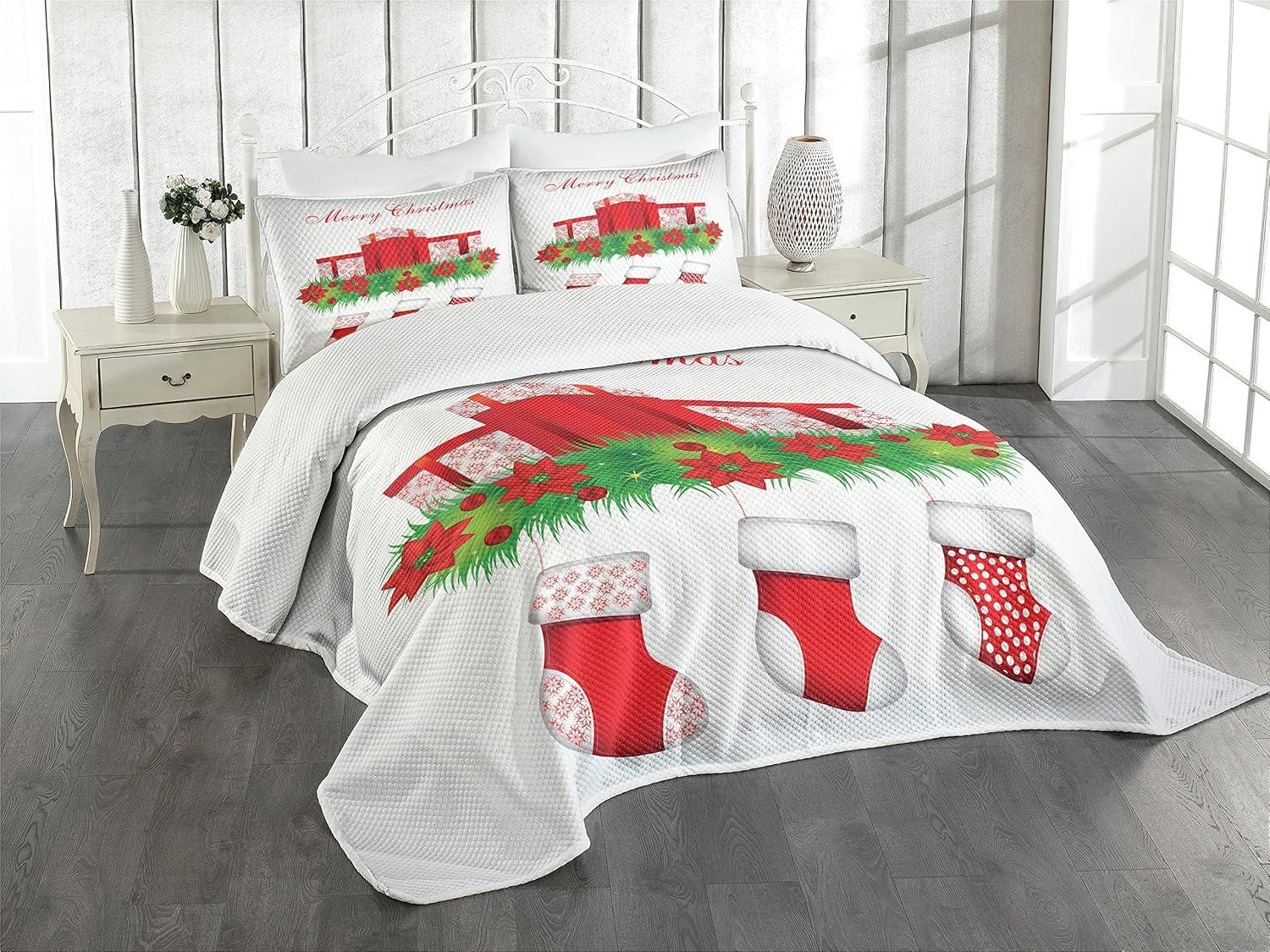 White and Red Christmas Stockings Queen Bedspread Set