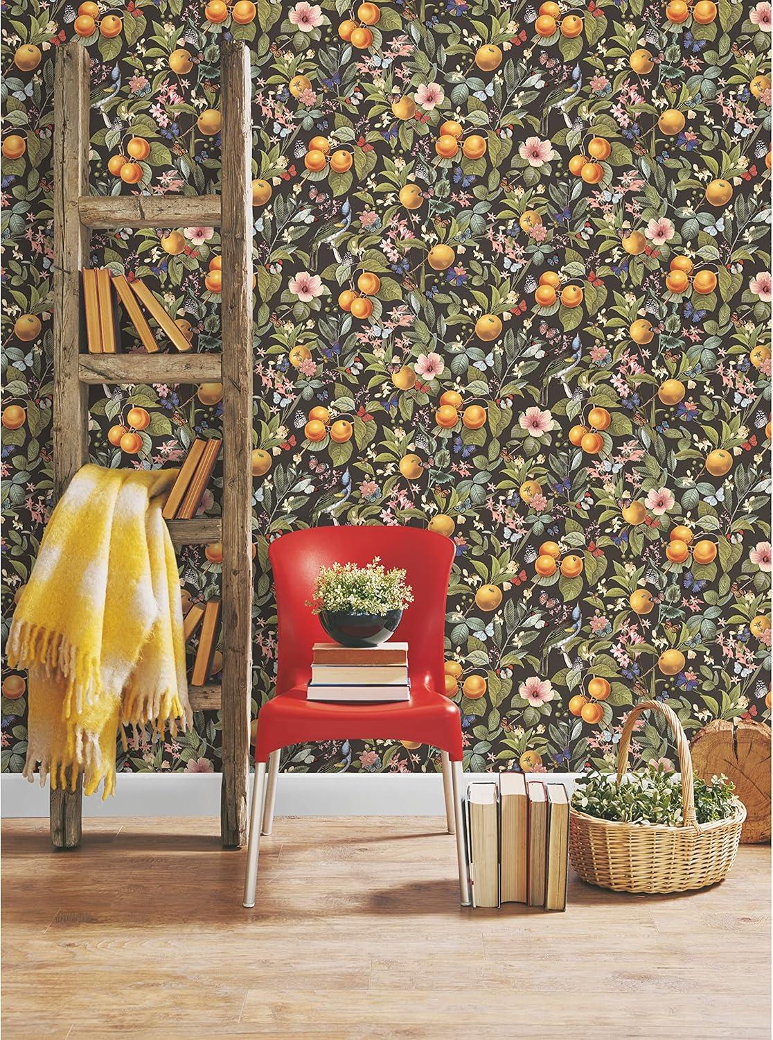 RoomMates Citrus Green Peel and Stick Wallpaper: Removable Adhesive Botanical Floral & Fruit Design, Farmhouse Style, 30.75 Sq Ft Coverage