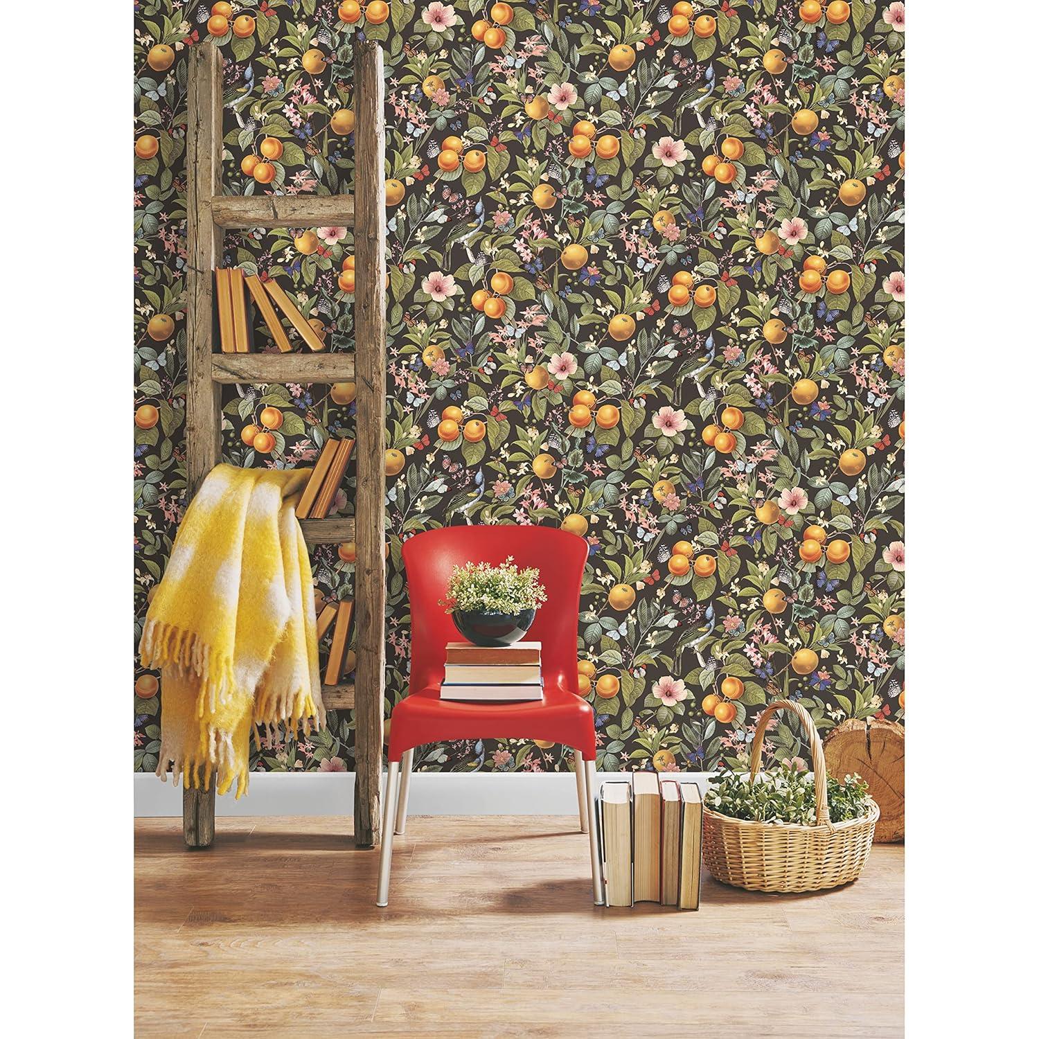 RoomMates Citrus Green Peel and Stick Wallpaper: Removable Adhesive Botanical Floral & Fruit Design, Farmhouse Style, 30.75 Sq Ft Coverage