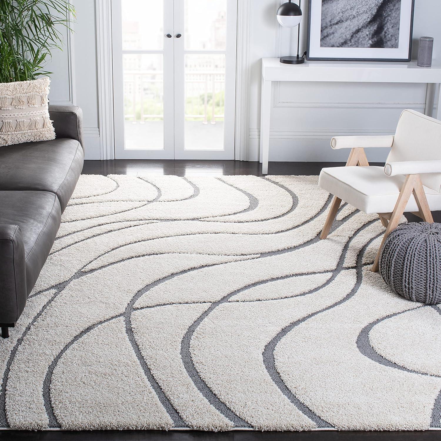 Cream & Grey Synthetic Rectangular Easy-Care Shag Rug