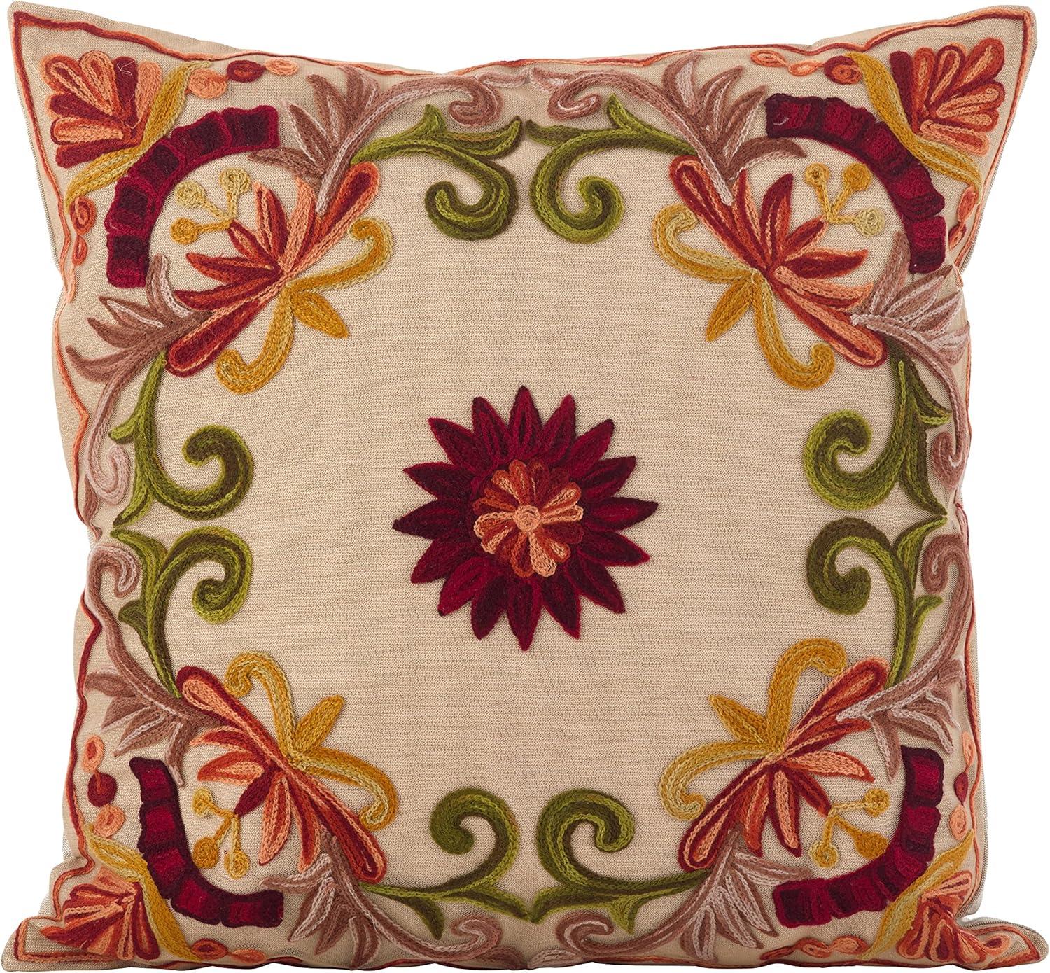 Medium Multicolor Embroidered Floral Square Throw Pillow