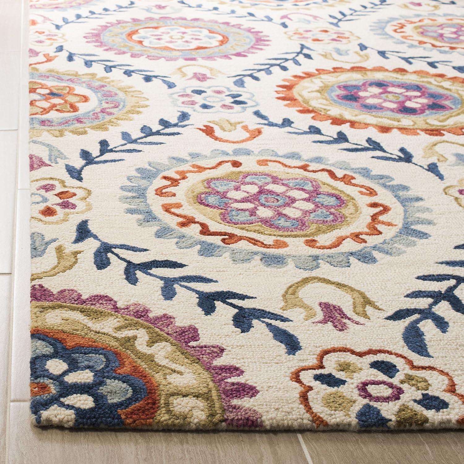 SAFAVIEH Suzani Collection Runner Rug - 2'3" x 6', Ivory & Multi, Hand-Hooked Boho Wool, Ideal for High Traffic Areas in Living Room, Bedroom (SZN374B)