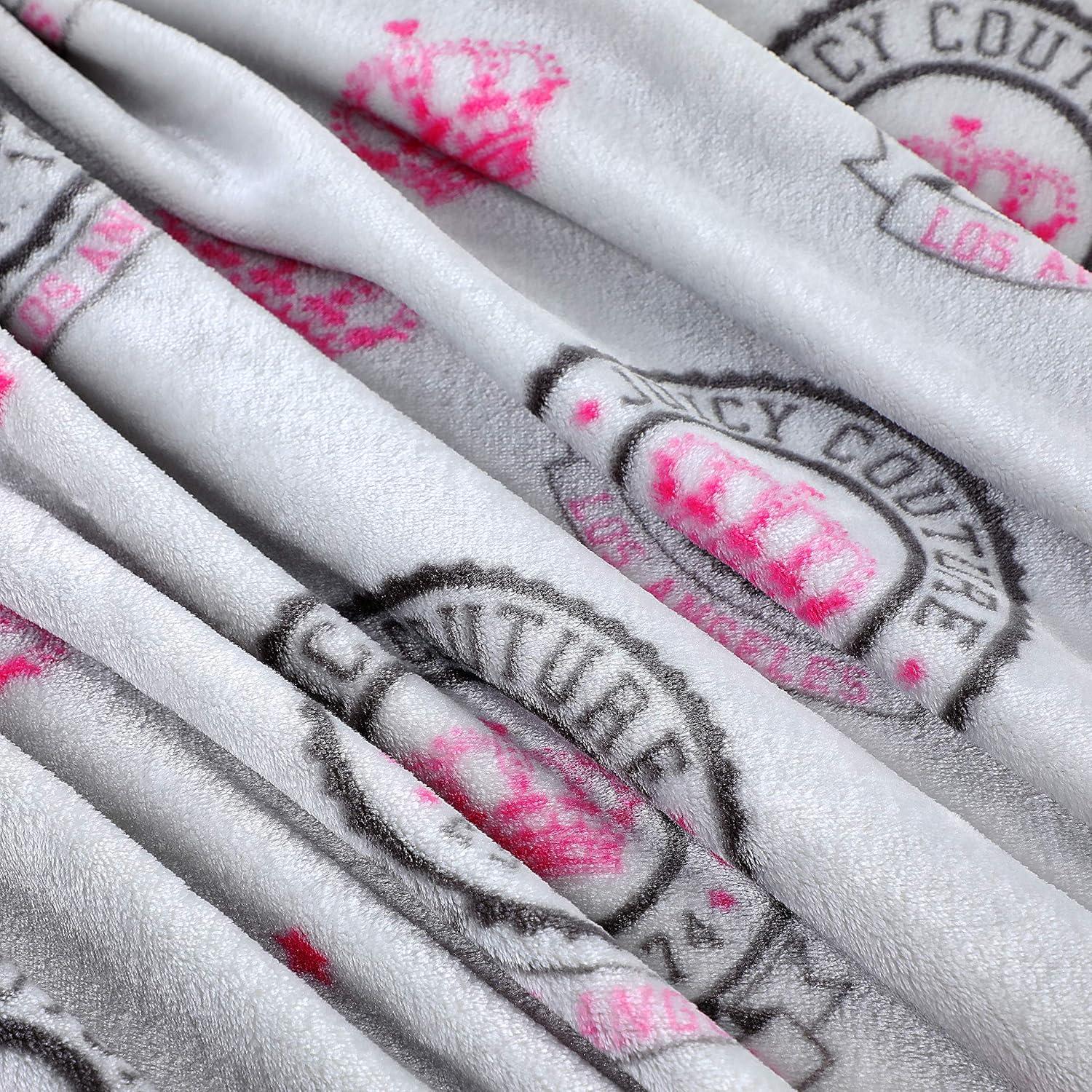 Juicy Couture Pink and White Plush Emblem Throw Blanket