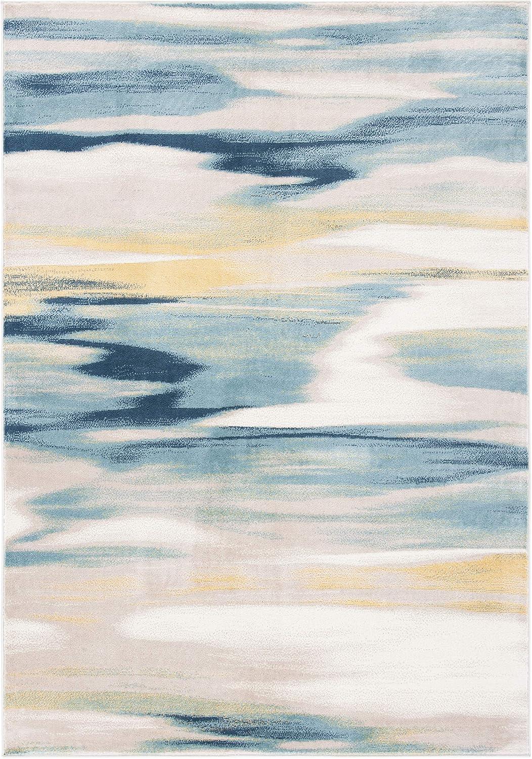 Beige and Navy Abstract Stain-Resistant Synthetic Rug, 4'-5" x 6'-5"