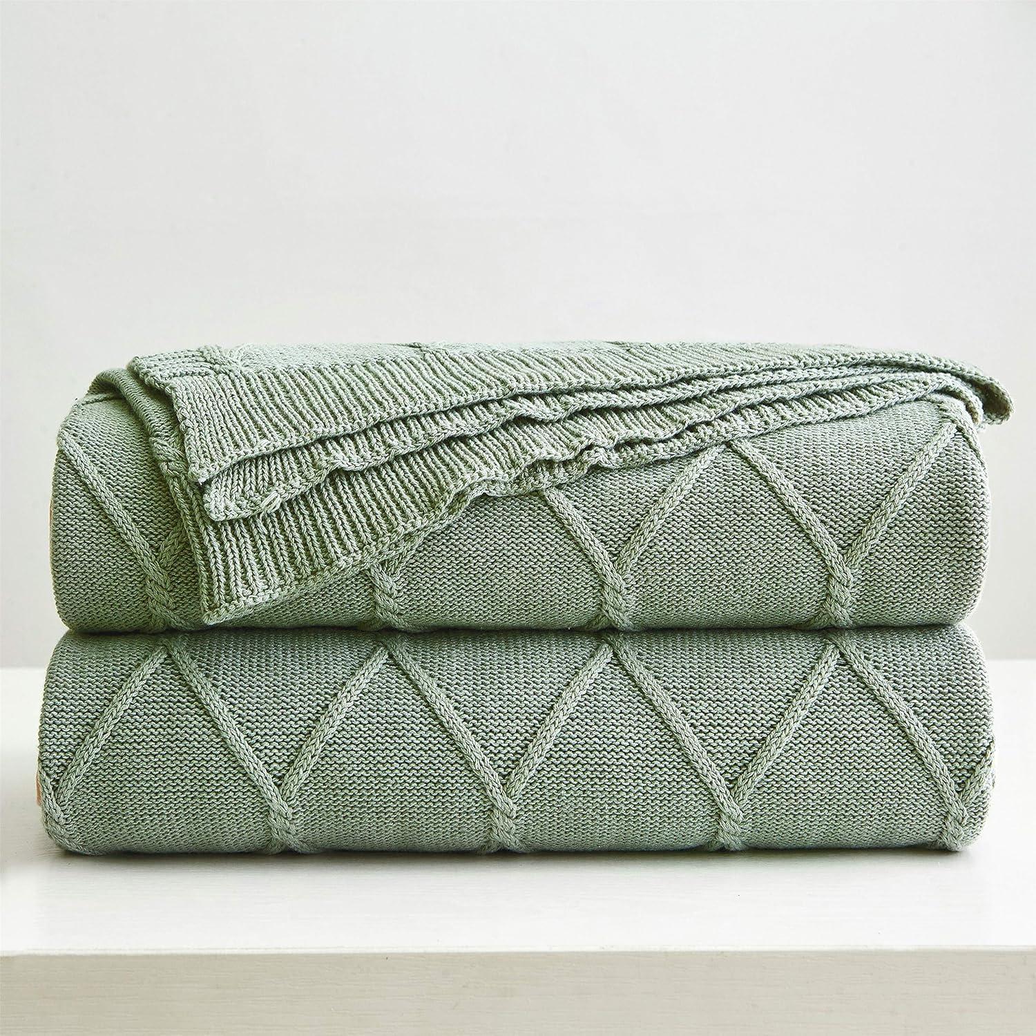 Sage Green Cotton Cable Knit Weighted Throw Blanket