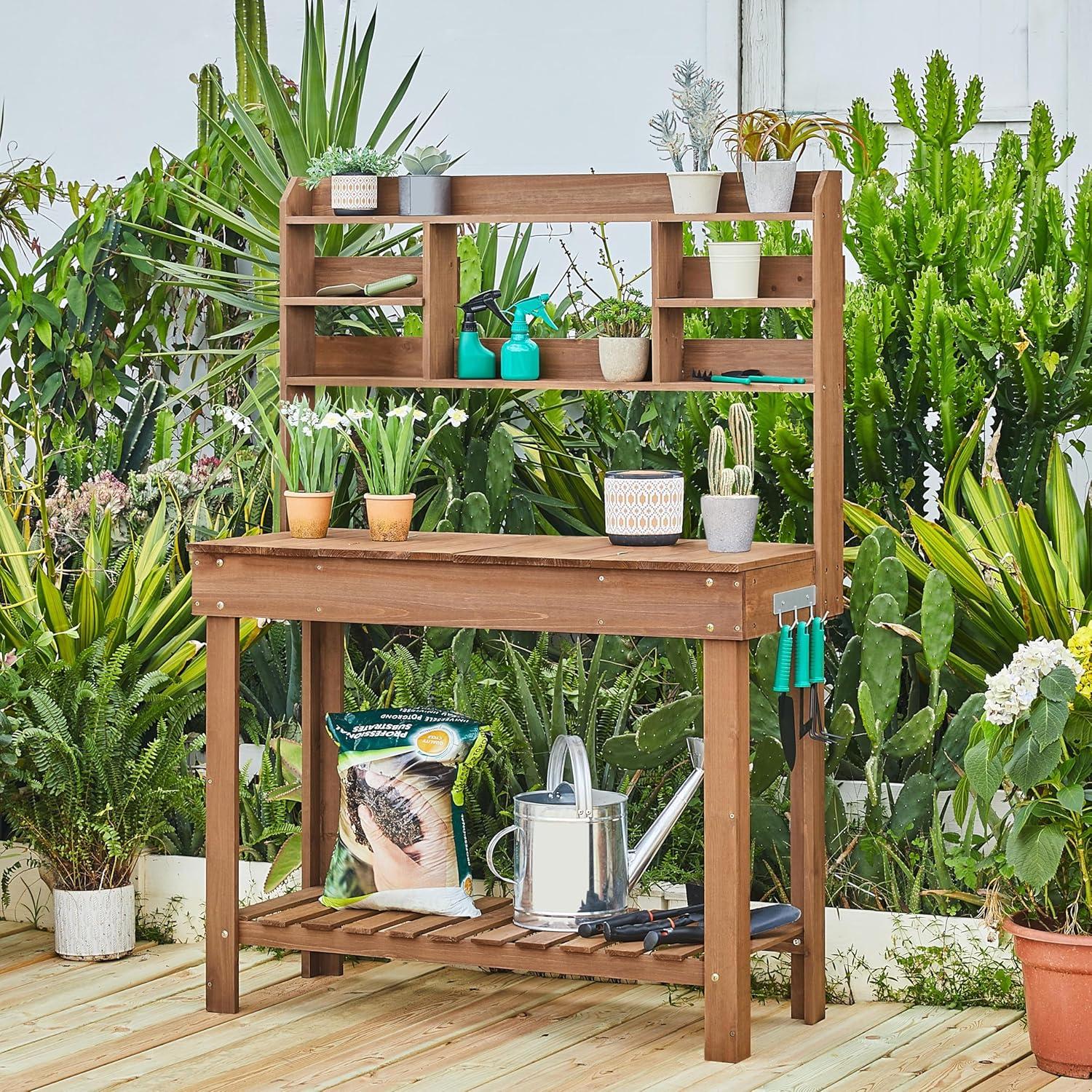 Yaheetech Potting Bench Table with Display Rack/ Storage Shelf/ Hanger, Brown