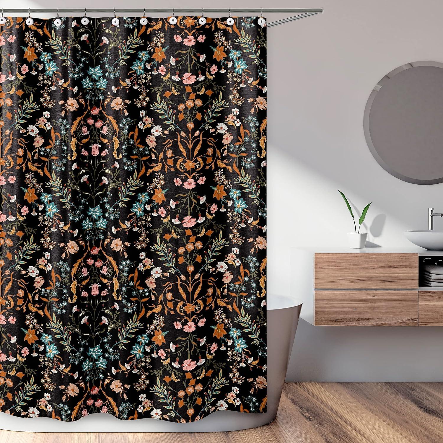 Sweet Jojo Designs Shower Curtain 72in.x72in. Boho Floral Wildflower Black and Orange