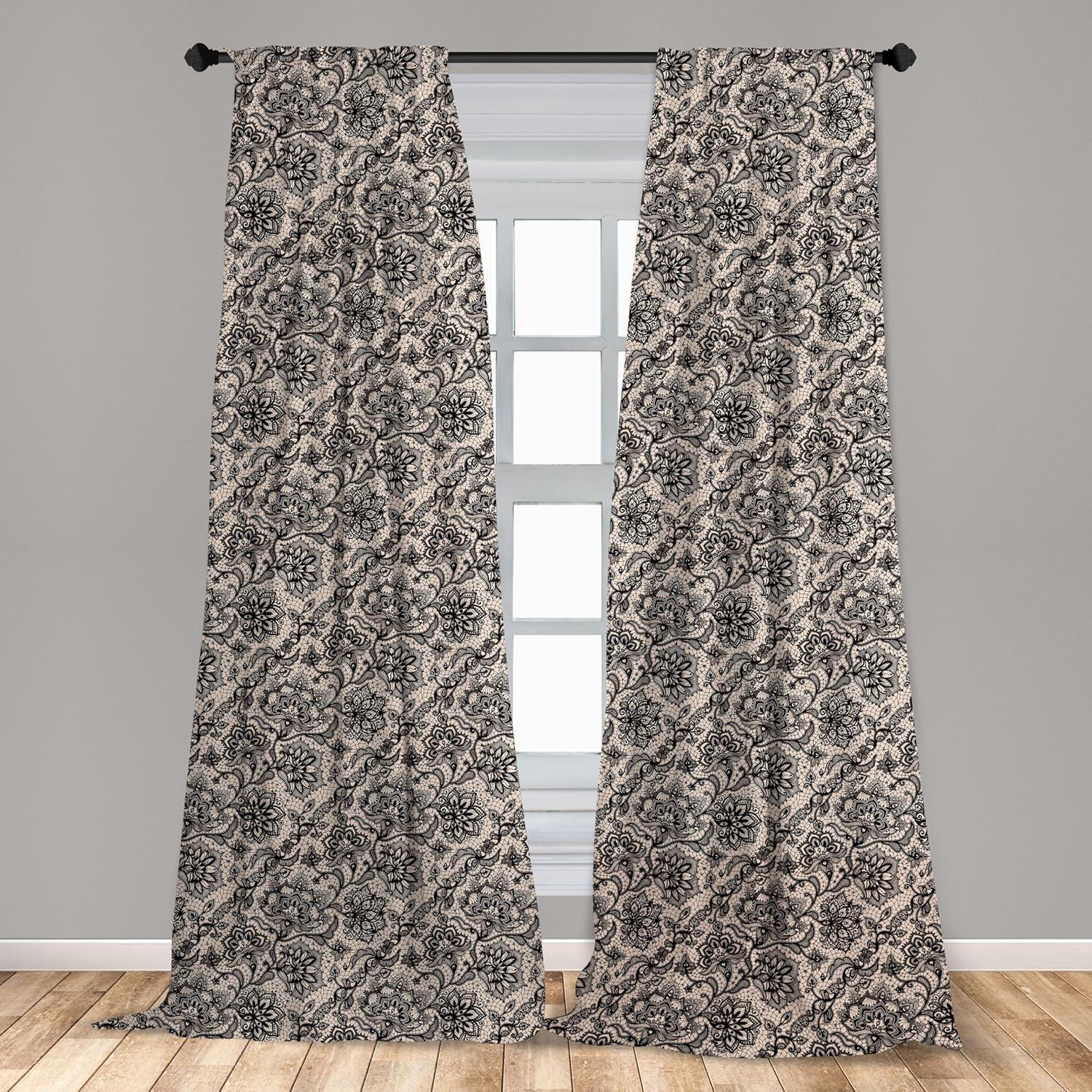 Ambesonne Ambesonne Gothic 2 Panel Curtain Set, Abstract Graphic Lace Pattern With Flowers Butterflies Old Fashioned Nature Inspired, Lightweight Window Treatment Living Room Bedroom Decor, 56" X 63", Tan Black (Set of 2)