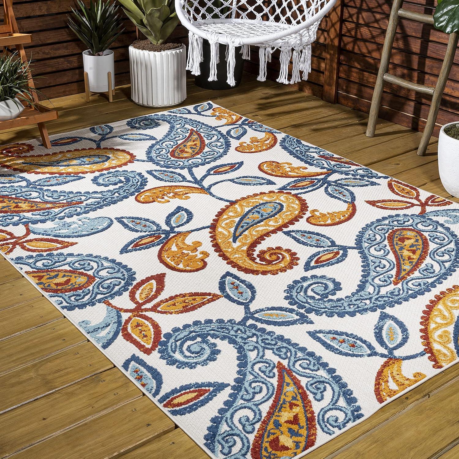 5'x8' Julien Paisley High-Low Indoor/Outdoor Area Rug, Orange/Blue - JONATHAN Y