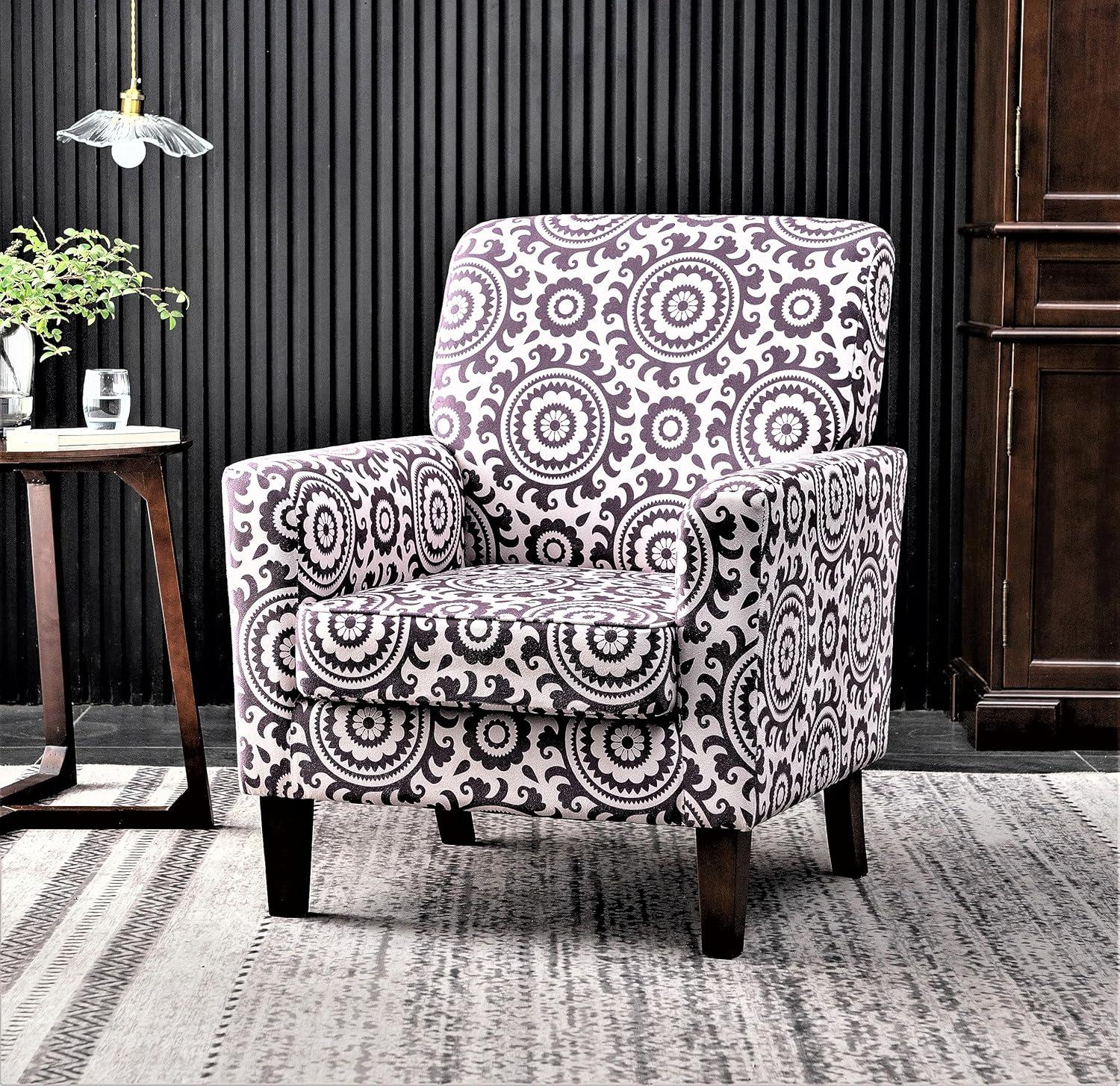 Contemporary Accent Arm Chair with Birch Wood Frame and Velvet Upholstery, Armchair for Office and Living Room Decor, Removable Cushions, 01 Printed Fabric