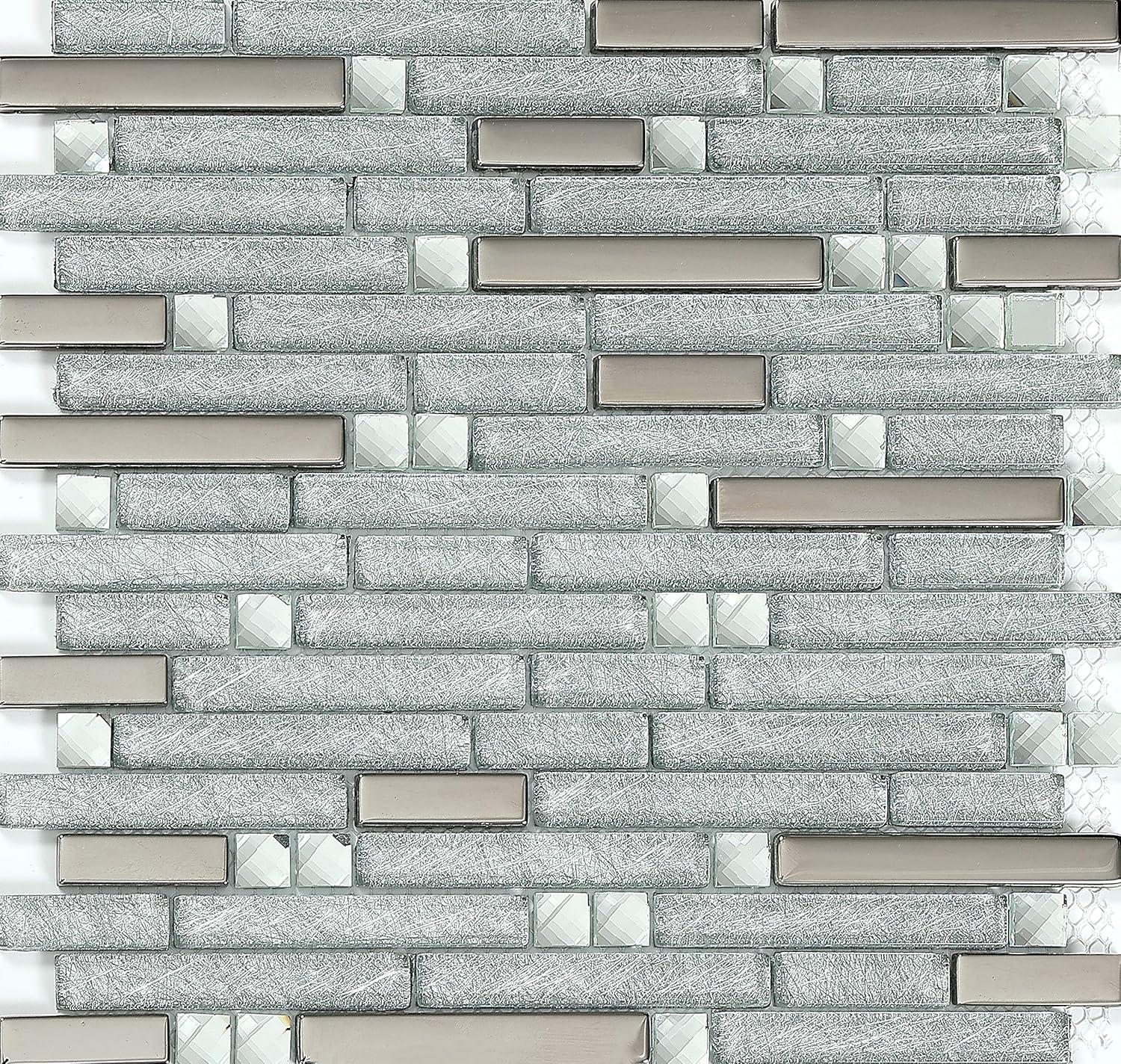 Glass Metal Tile Linear Mosaic Sparkle Silver Crystal Glass Chrome Metallic Stain Resistant for Kitchen Backsplash Bathroom & Shower Wall Tiles (3"x12" Sample)