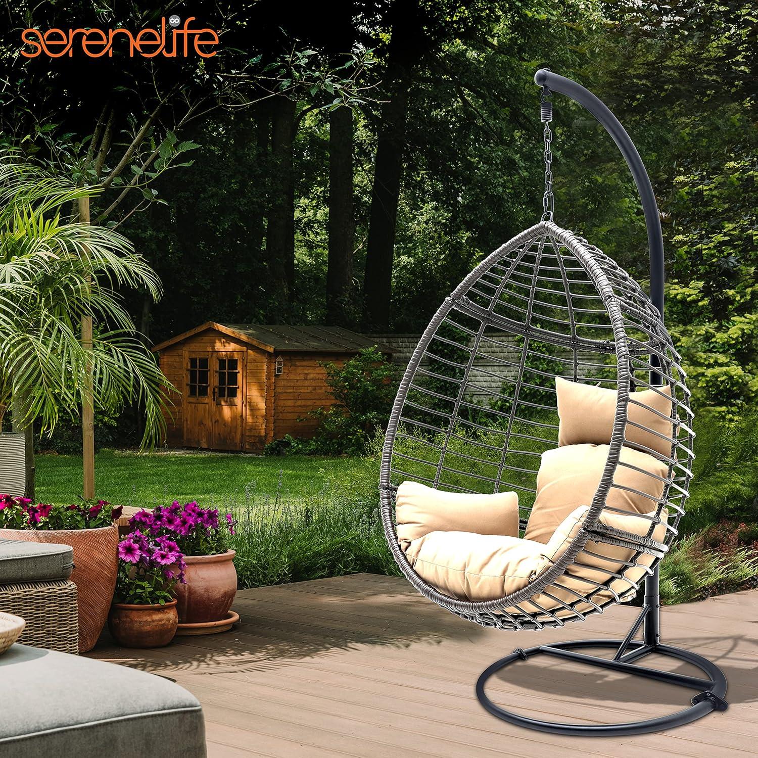 SereneLife Hanging Egg Indoor Outdoor Patio Wicker Rattan Lounge Chair with Stand - Brown