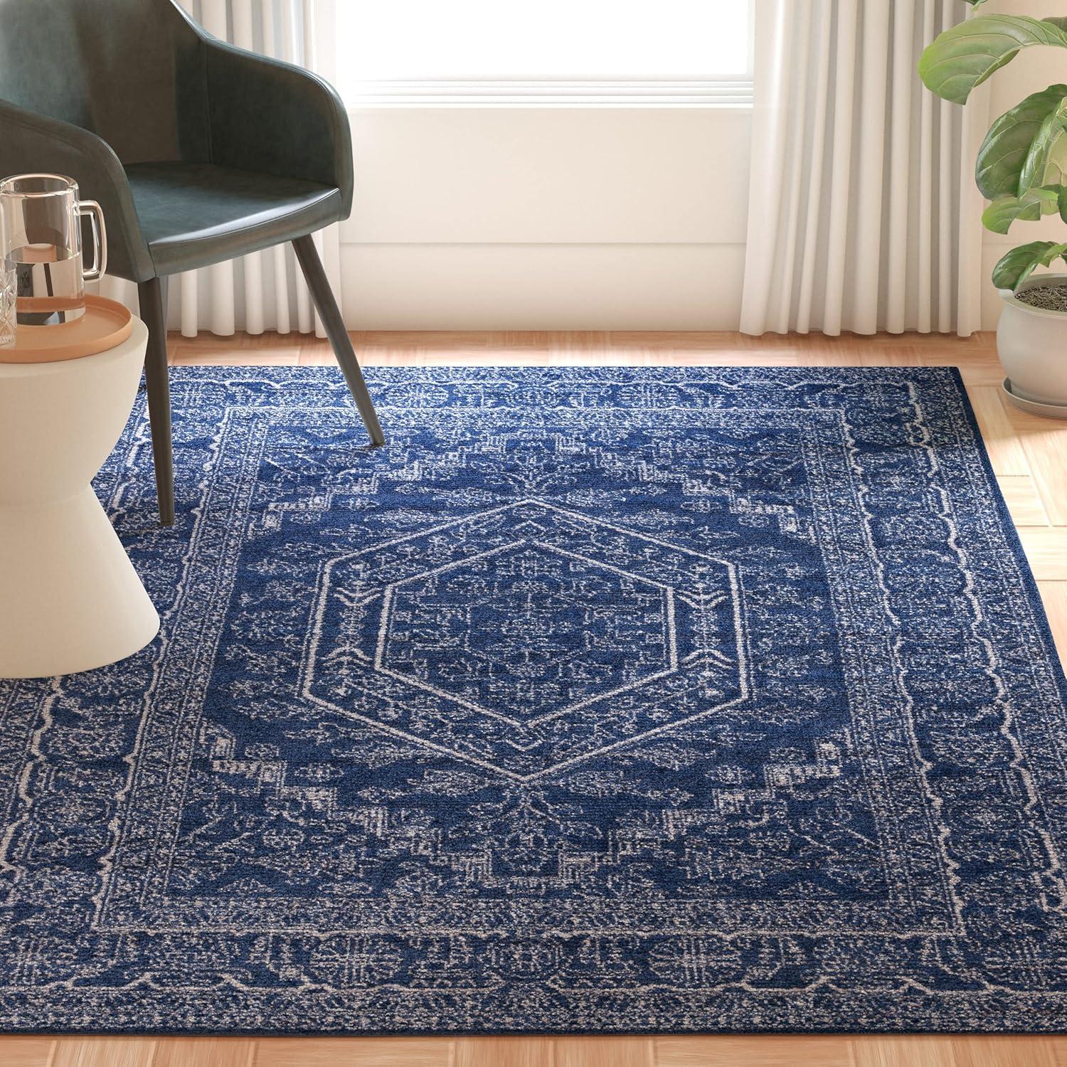 Navy and Silver Moroccan Boho Synthetic Area Rug