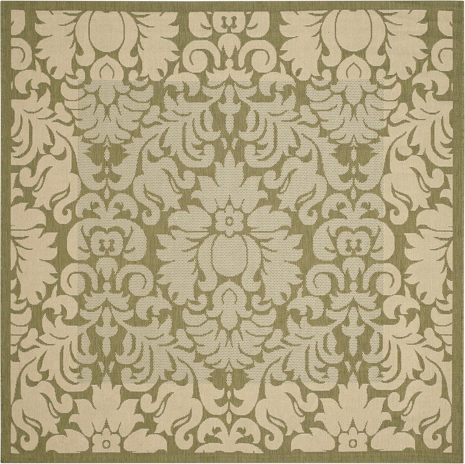 SAFAVIEH Courtyard Dani Damask Bordered Indoor/Outdoor Area Rug, 6'7" x 6'7" Square, Olive/Natural