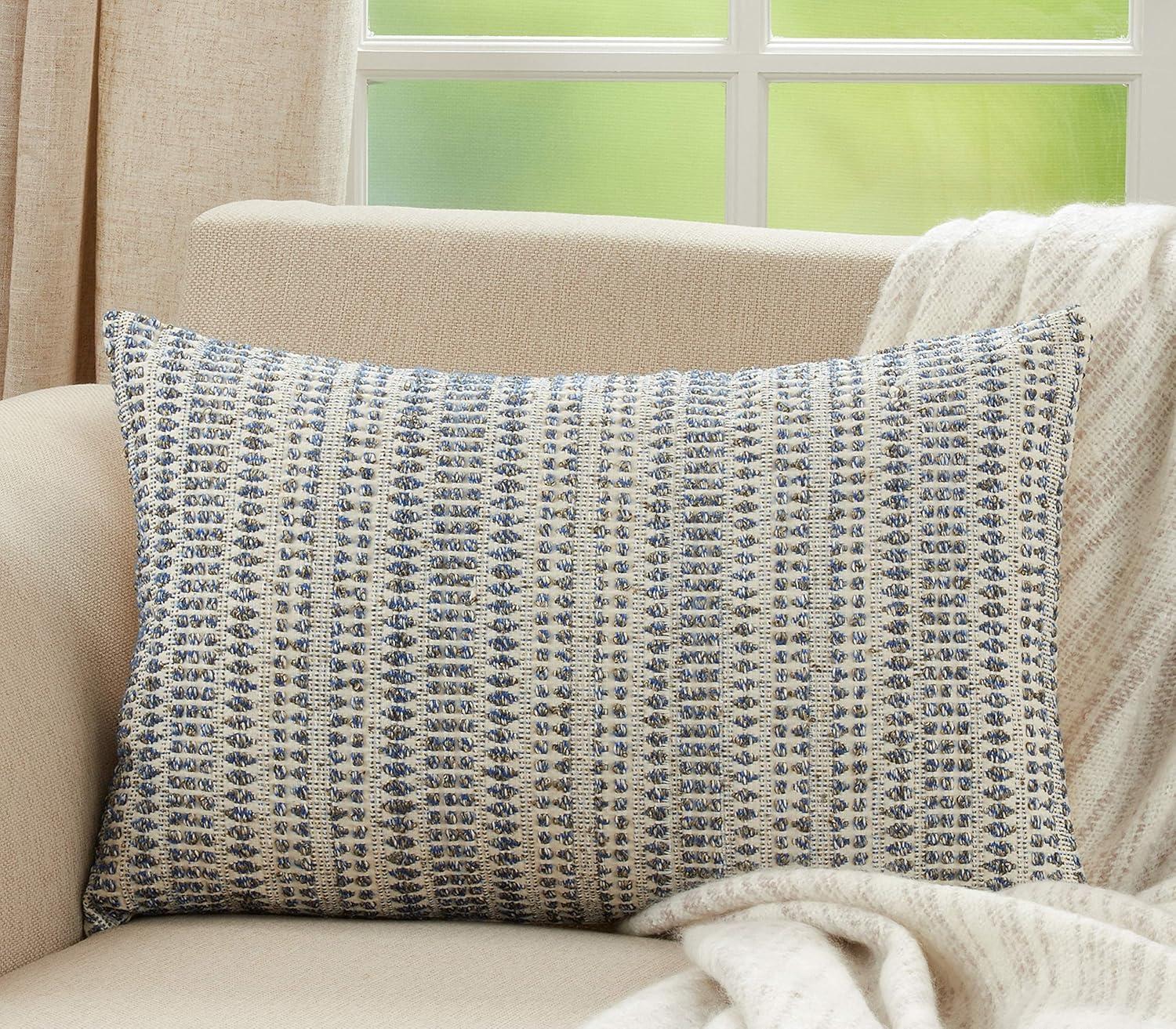 Saro Lifestyle Woven Line Throw Pillow With Down Filling, Blue, 16" x 24"