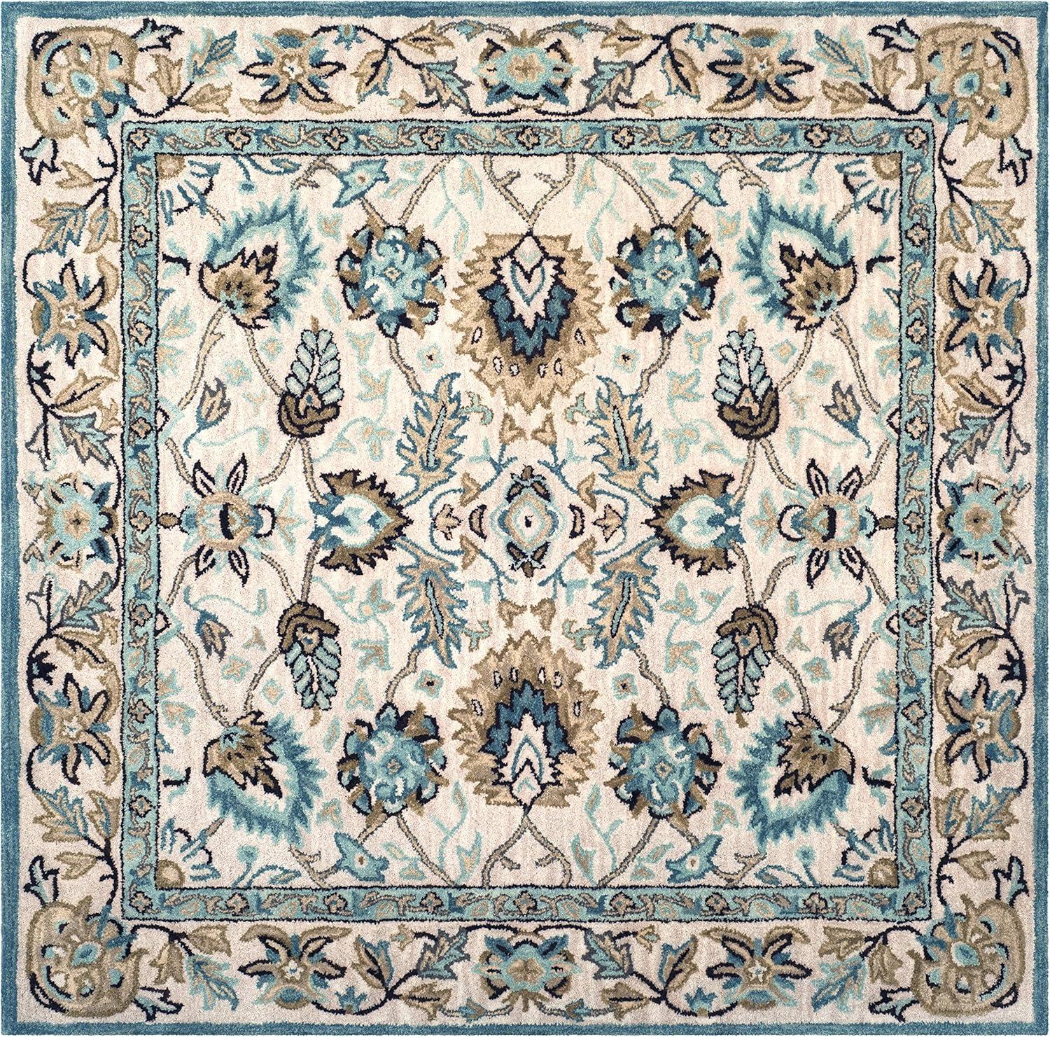 Elegant Peacock Blue Hand-Tufted Wool 6' Square Rug