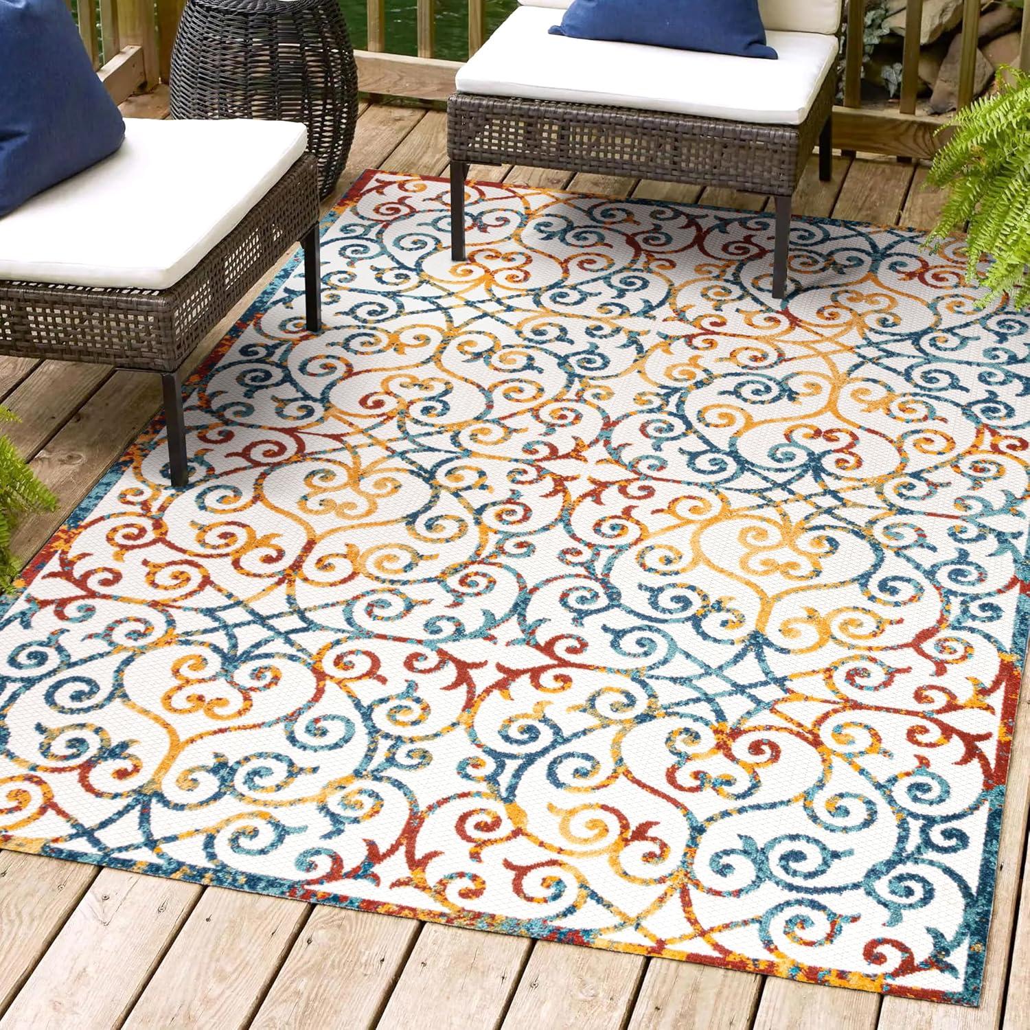3'x5' Atrani Scroll Trellis Indoor/Outdoor Area Rug, Cream/Blue/Red - JONATHAN Y