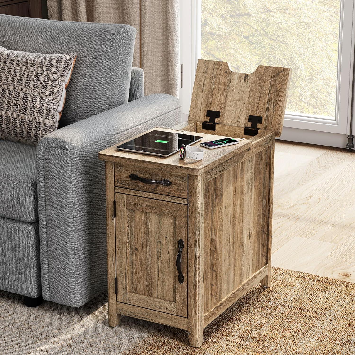 LINSY HOME End Table with Charging Station, Side Table for Bedroom with Drawer and Detachable Holder, Multiple Storage Space, Extra Storage & Display Space, Small Nightstand for Living Room,brown